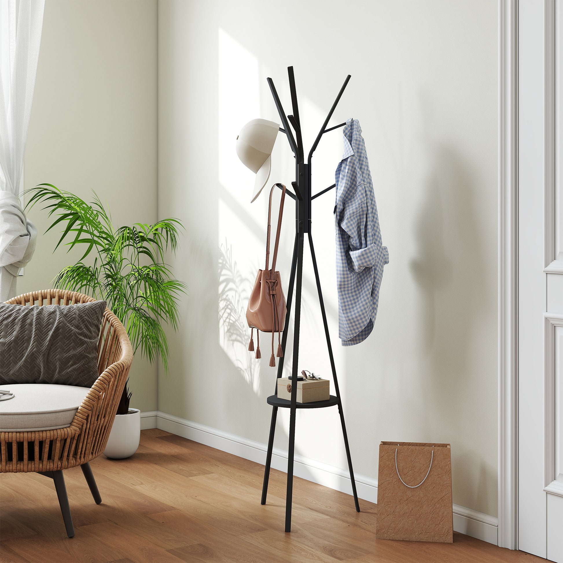 Tree Shape Coat Rack Metal Clothes Rack with 9 Hooks and Shelf Vintage Coat Rack for Bedroom Living Room 45x45x180 cm Black