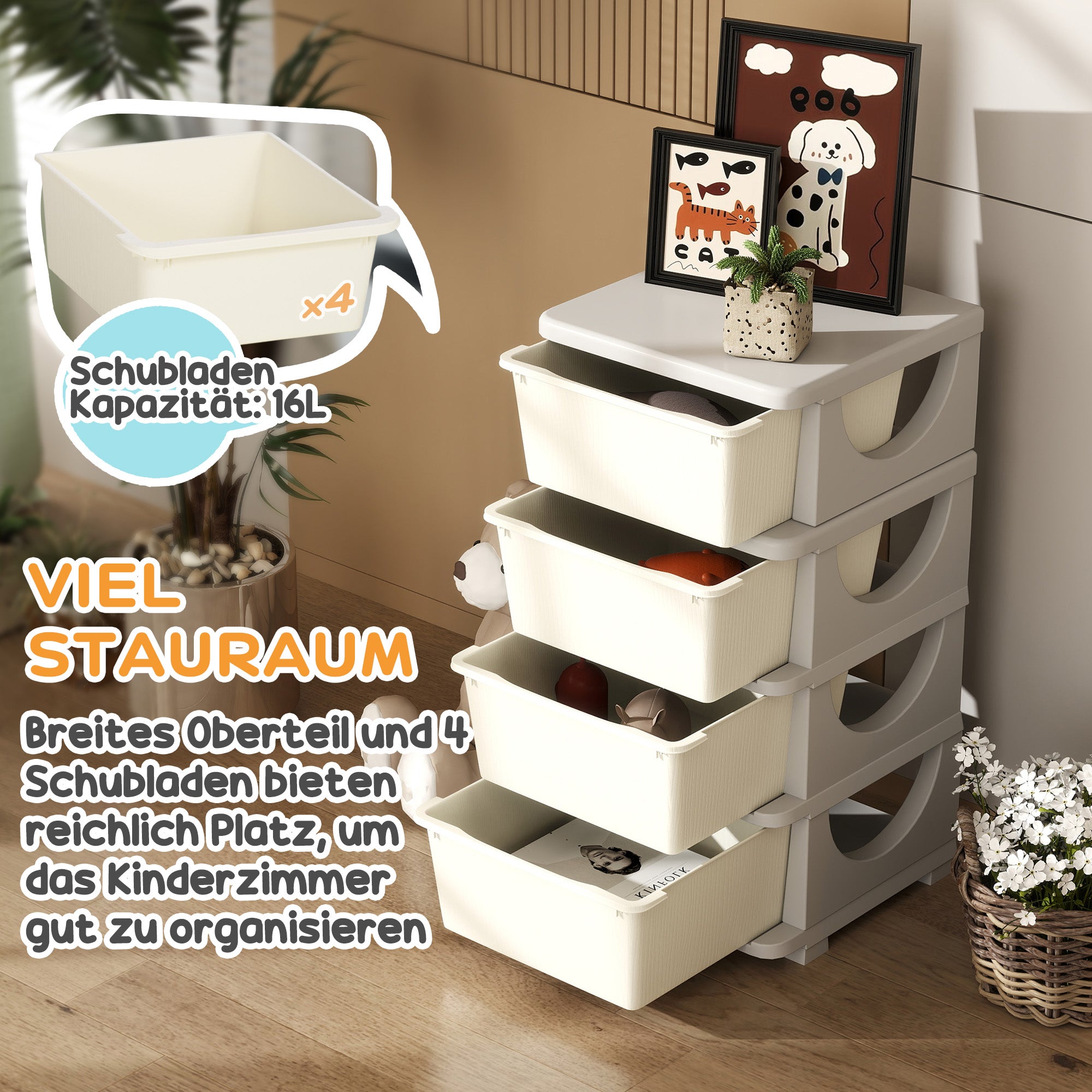 Drawer Cabinet for Kids with Storage Space Storage Boxes Toy Organizer Toy Box Four Levels for Children's Room 3-6 Years Children's Furniture Cream White 37 x 37 x 76 cm