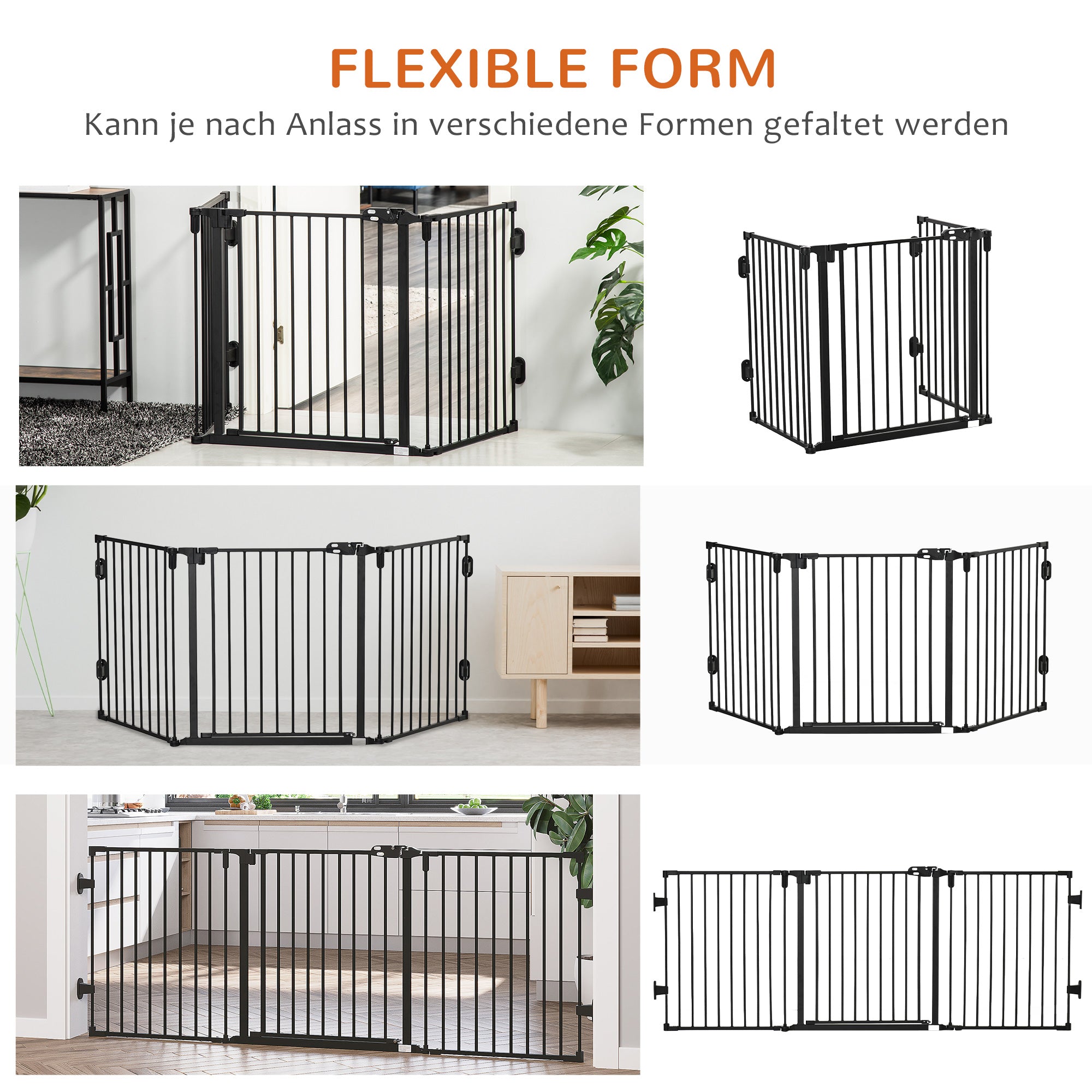 Dog Barrier Gate Door Guard Pet Safety Gate Adjustable Foldable Fireplace Gate with Automatic Closing Door 3 Panels for Stove Wall Mounting/Free-standing Black 202.5 x 76 cm