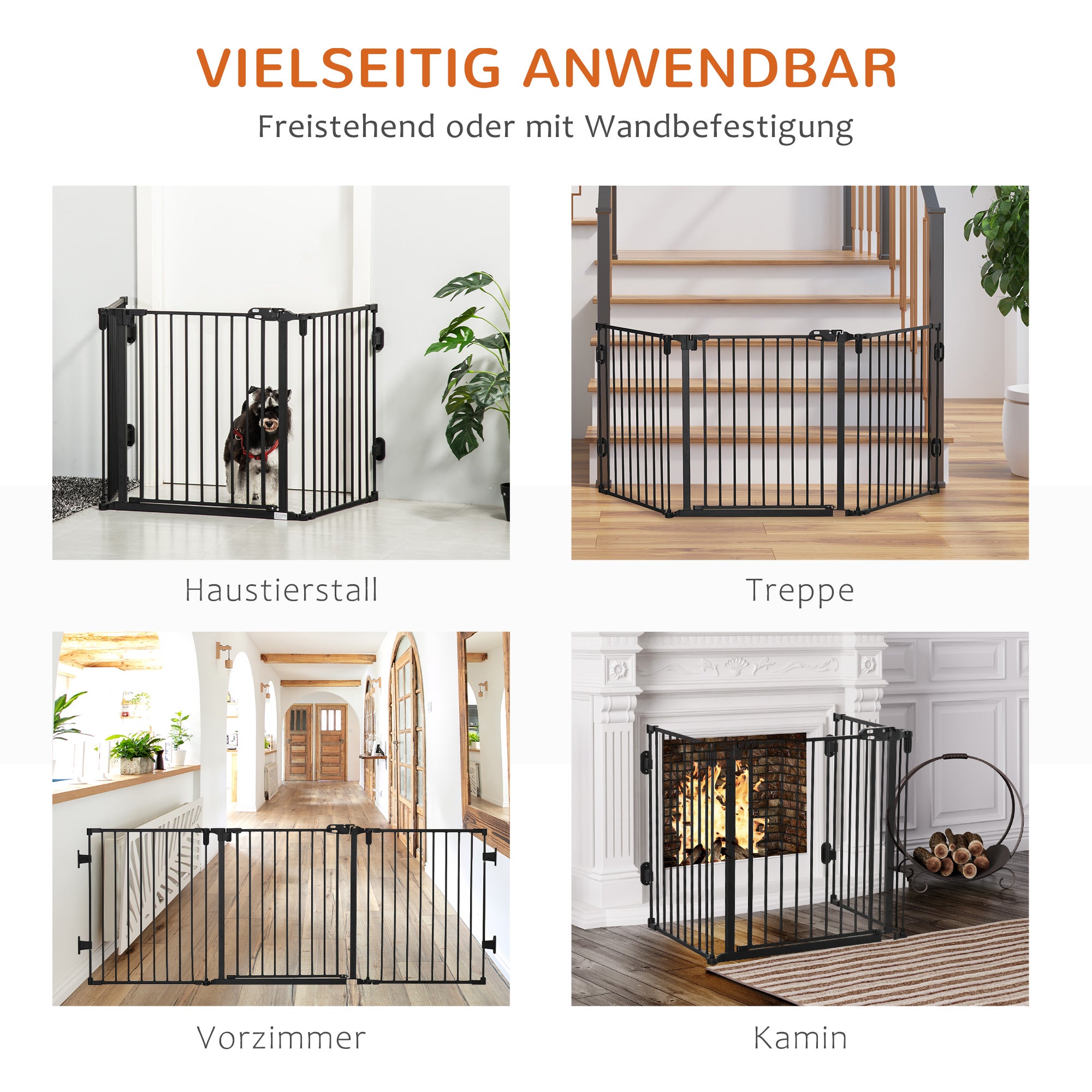 Dog Barrier Gate Door Guard Pet Safety Gate Adjustable Foldable Fireplace Gate with Automatic Closing Door 3 Panels for Stove Wall Mounting/Free-standing Black 202.5 x 76 cm