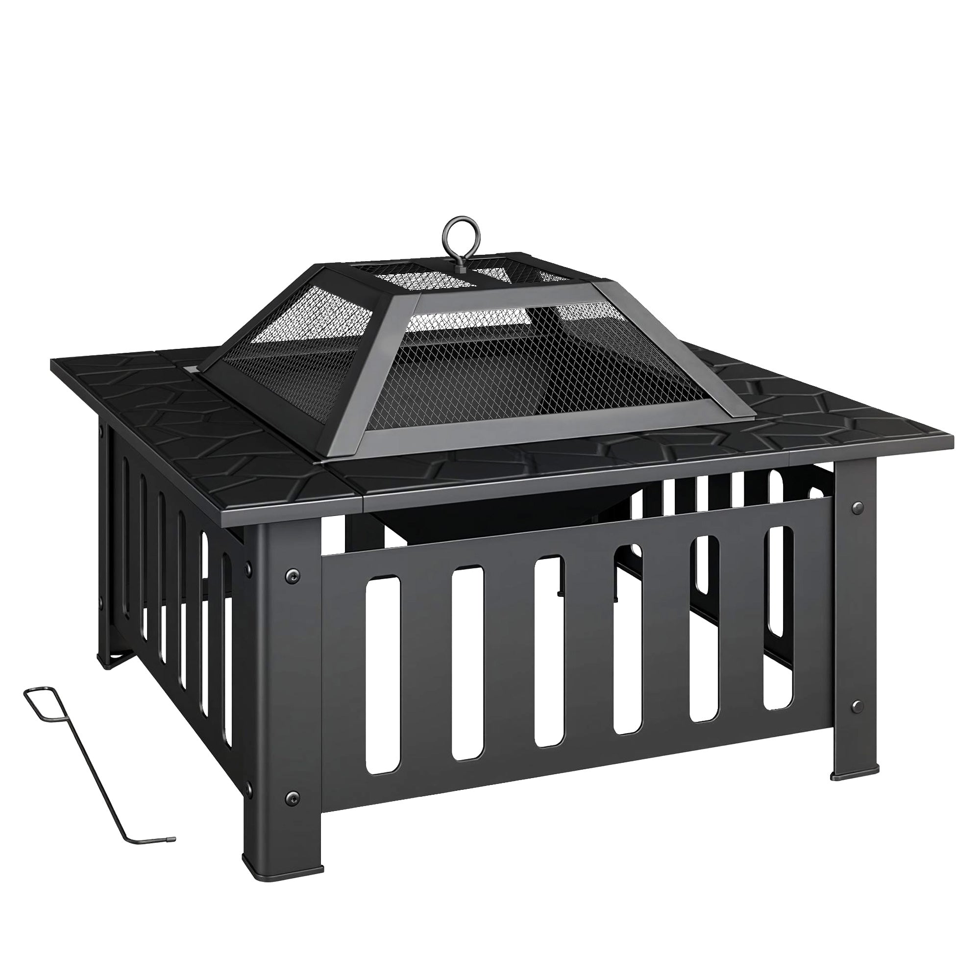Square Steel Outdoor Fire Pit, 26.4 x 26.4 x 18.5 in, Patio Fire Pit with Poker & Mesh Cover, Black
