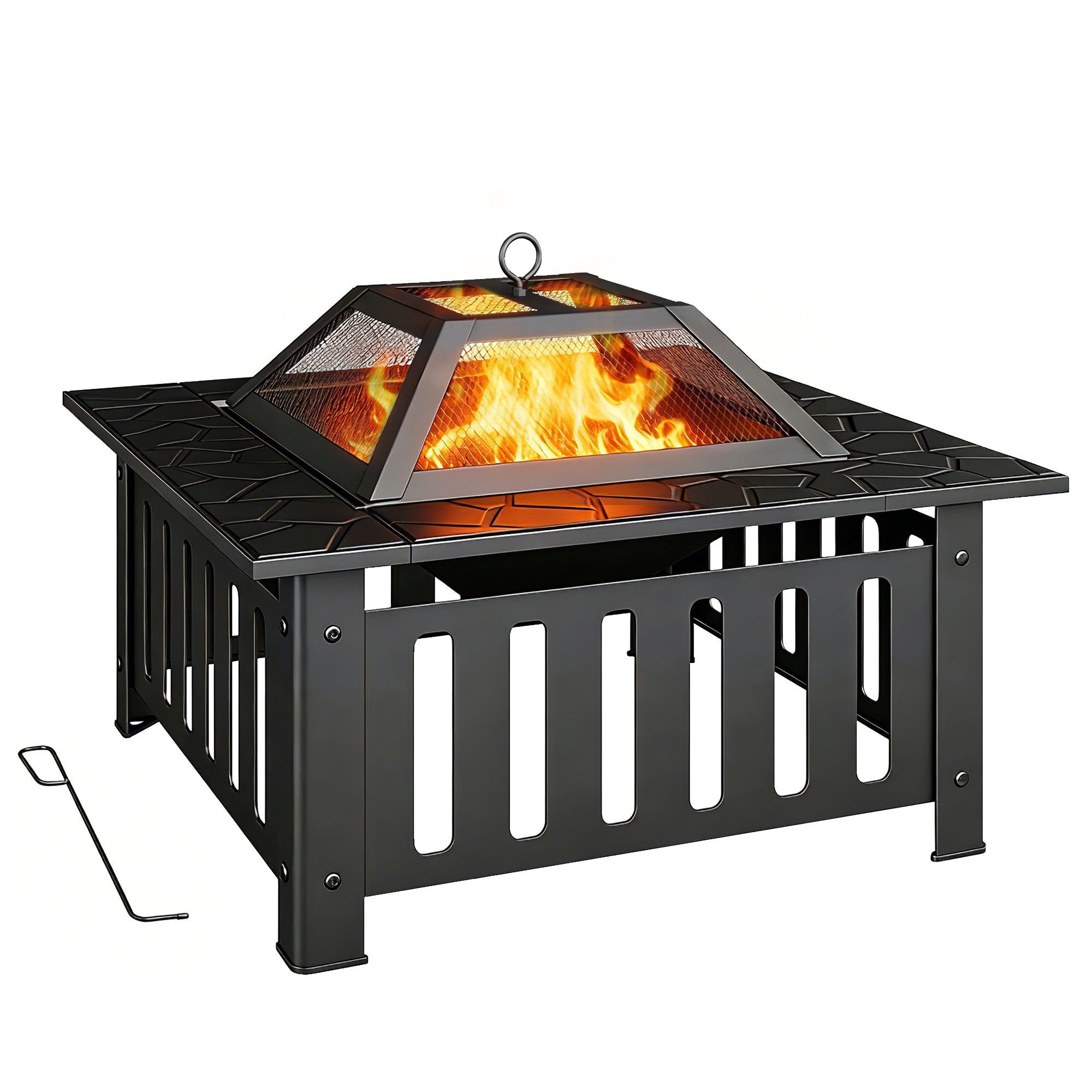 Square Steel Outdoor Fire Pit, 26.4 x 26.4 x 18.5 in, Patio Fire Pit with Poker & Mesh Cover, Black