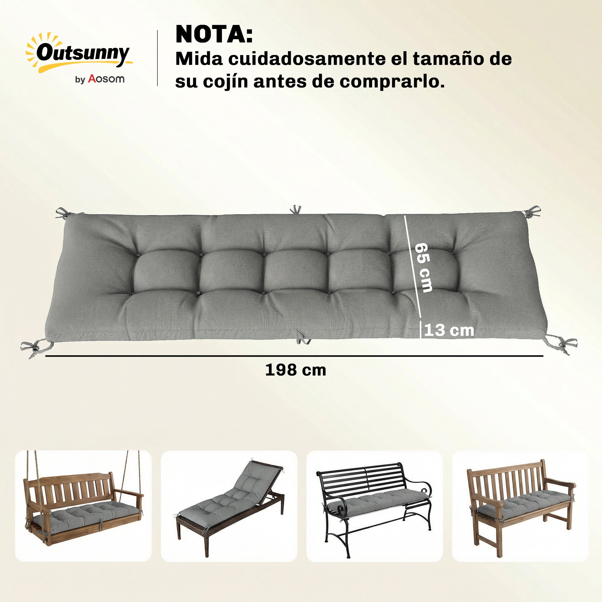 Outdoor Bench Cushion — Bench & Lounger Cushion with Tie Straps, UV50+ Protection, Slow-Rebound Fill, Indoor/Outdoor, 78 x 25.6 x 5.1 in, Light Gray