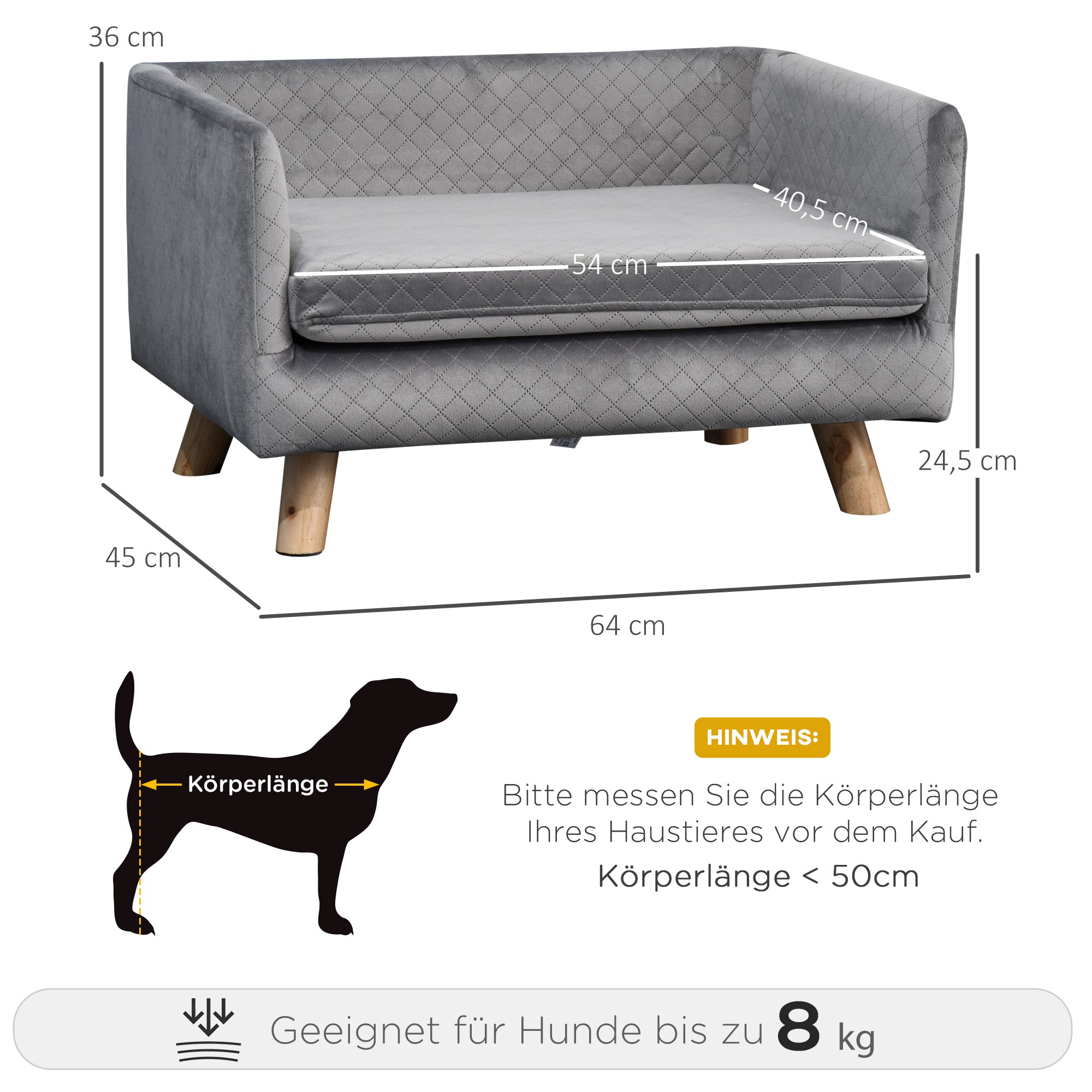Dog Sofa with Wooden Legs Pet Bed Pet Sofa Pet Mat for Small Dogs up to 8 kg Velvet Touch Gray 64 x 45 x 36 cm