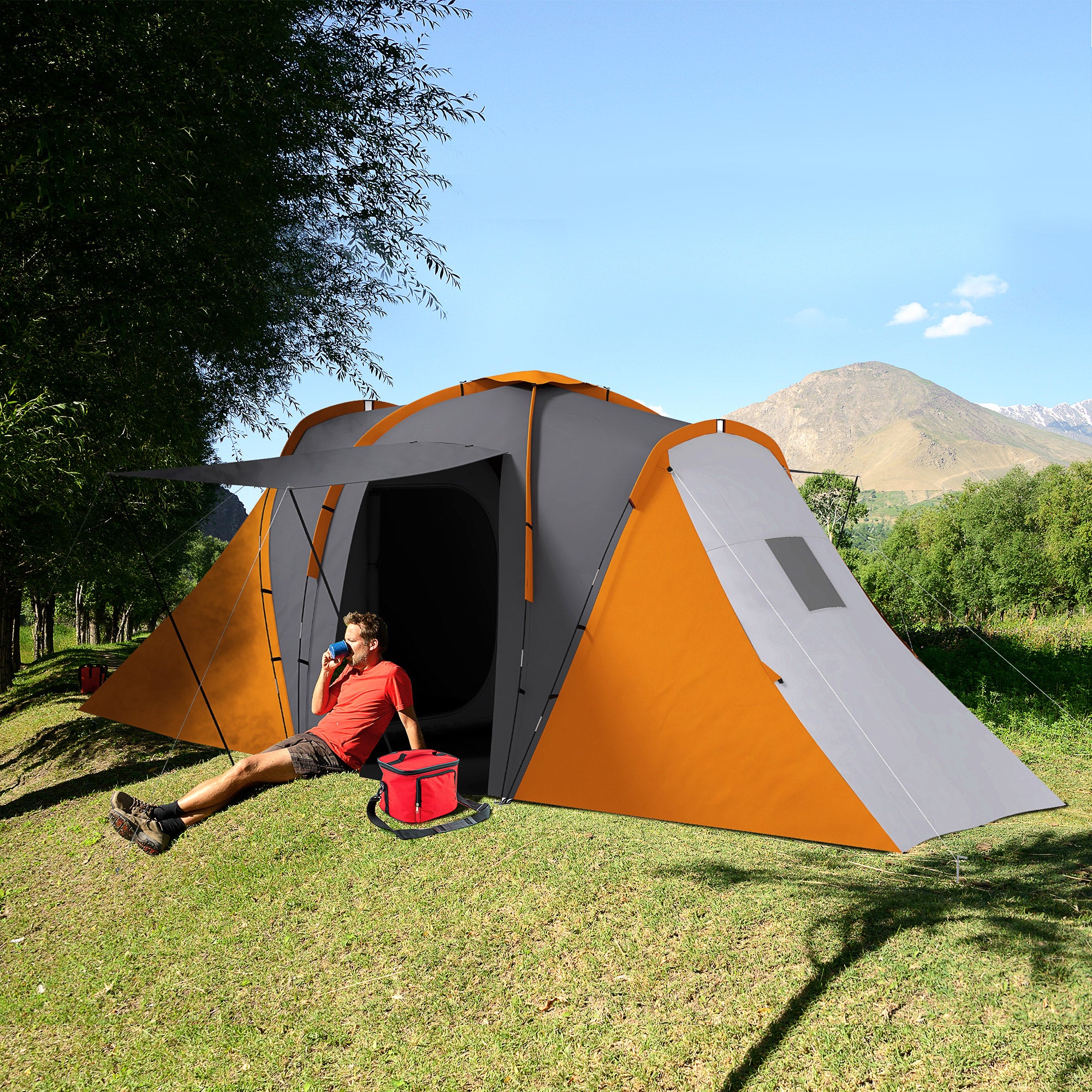 Tunnel Tent for 4–6 People — 2 Bedrooms + Living Area, 2000 mm Waterproof, Gray & Orange