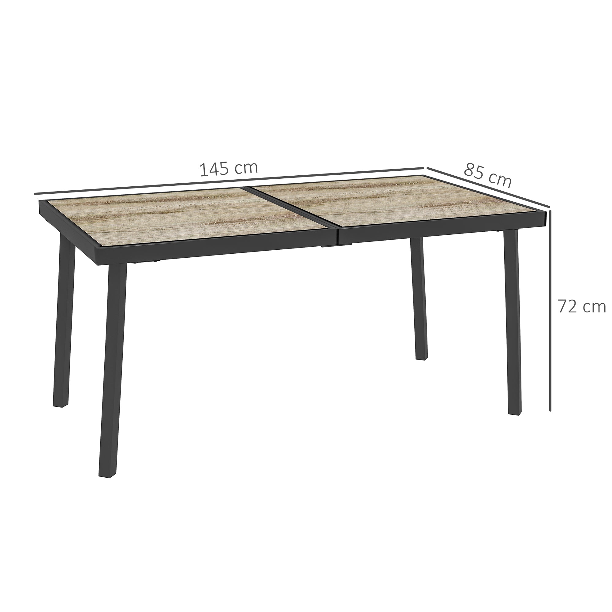 garden table, balcony table, 145 x 85 cm terrace table for 6 persons with wood look, dining table for garden, steel frame, Gray