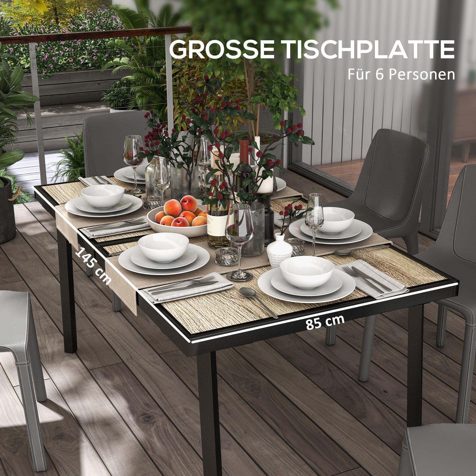 garden table, balcony table, 145 x 85 cm terrace table for 6 persons with wood look, dining table for garden, steel frame, Gray