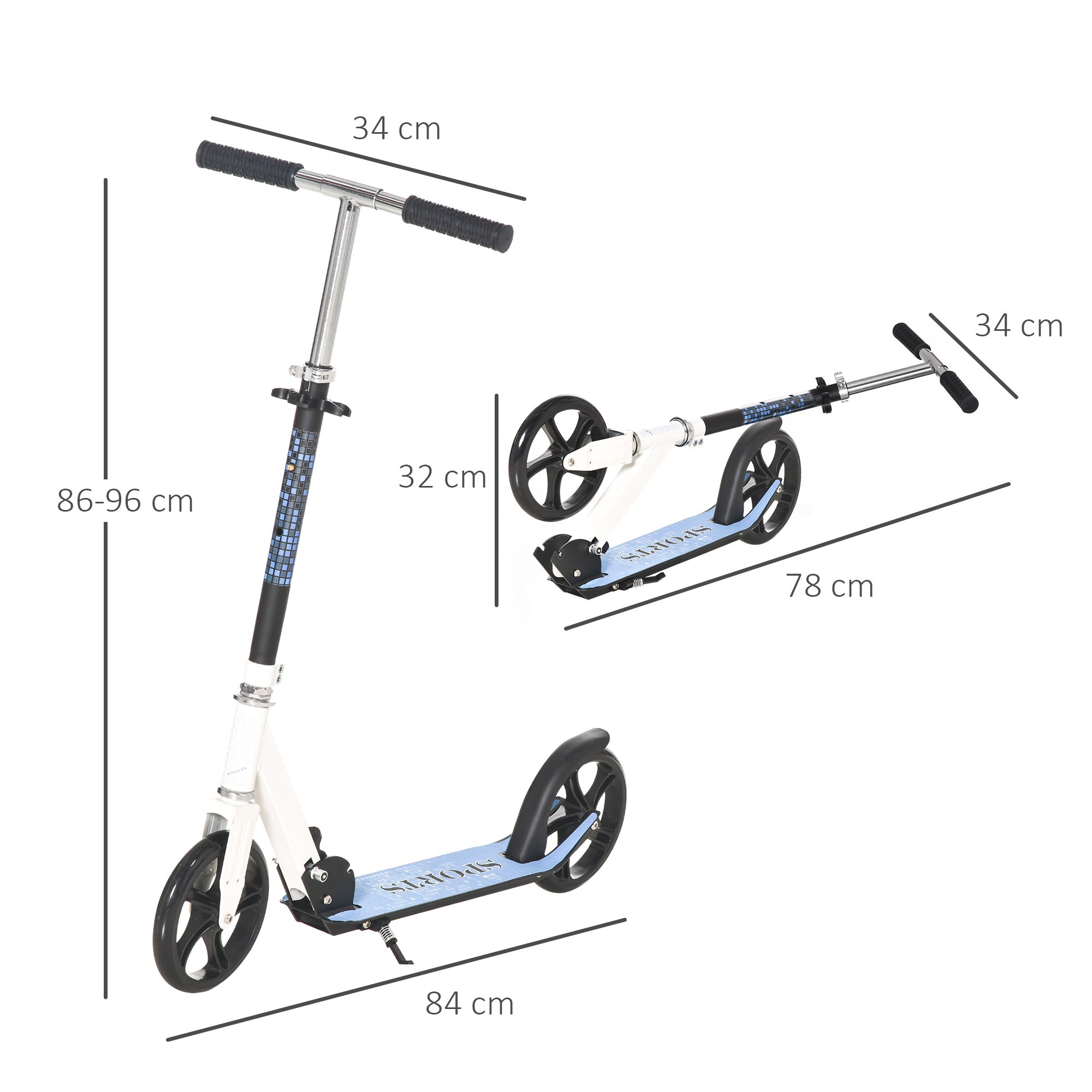 Scooter for Kids and Adults Folding Scooter Adjustable Handlebar Lightweight Aluminum Frame Stable Load 80kg Aluminum 84x34x86-96 cm White