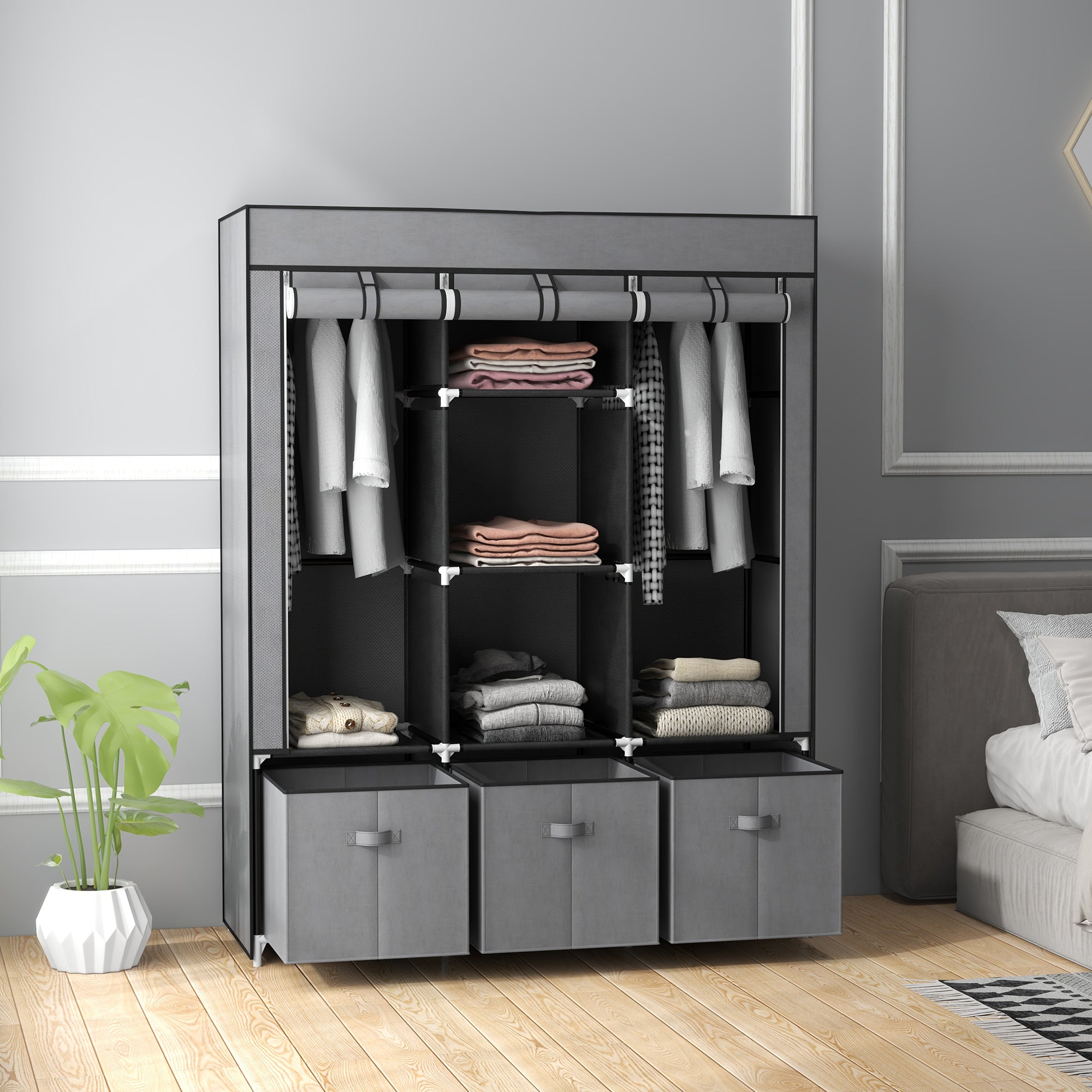 Fabric Wardrobe with Clothes Rail, Drawers, Zipper Foldable Wardrobe for Bedroom, Dressing Room, 125 x 43 x 162.5 cm, Dark Grey