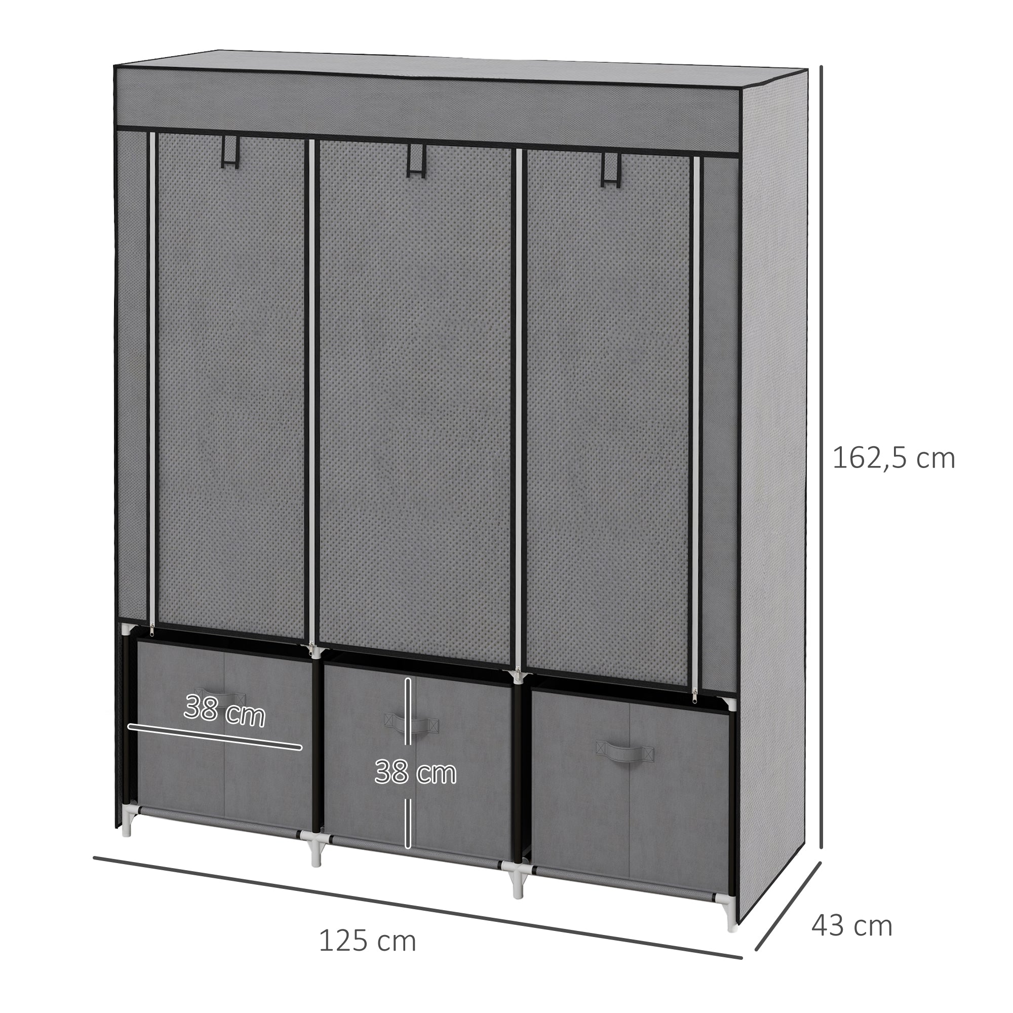 Fabric Wardrobe with Clothes Rail, Drawers, Zipper Foldable Wardrobe for Bedroom, Dressing Room, 125 x 43 x 162.5 cm, Dark Grey