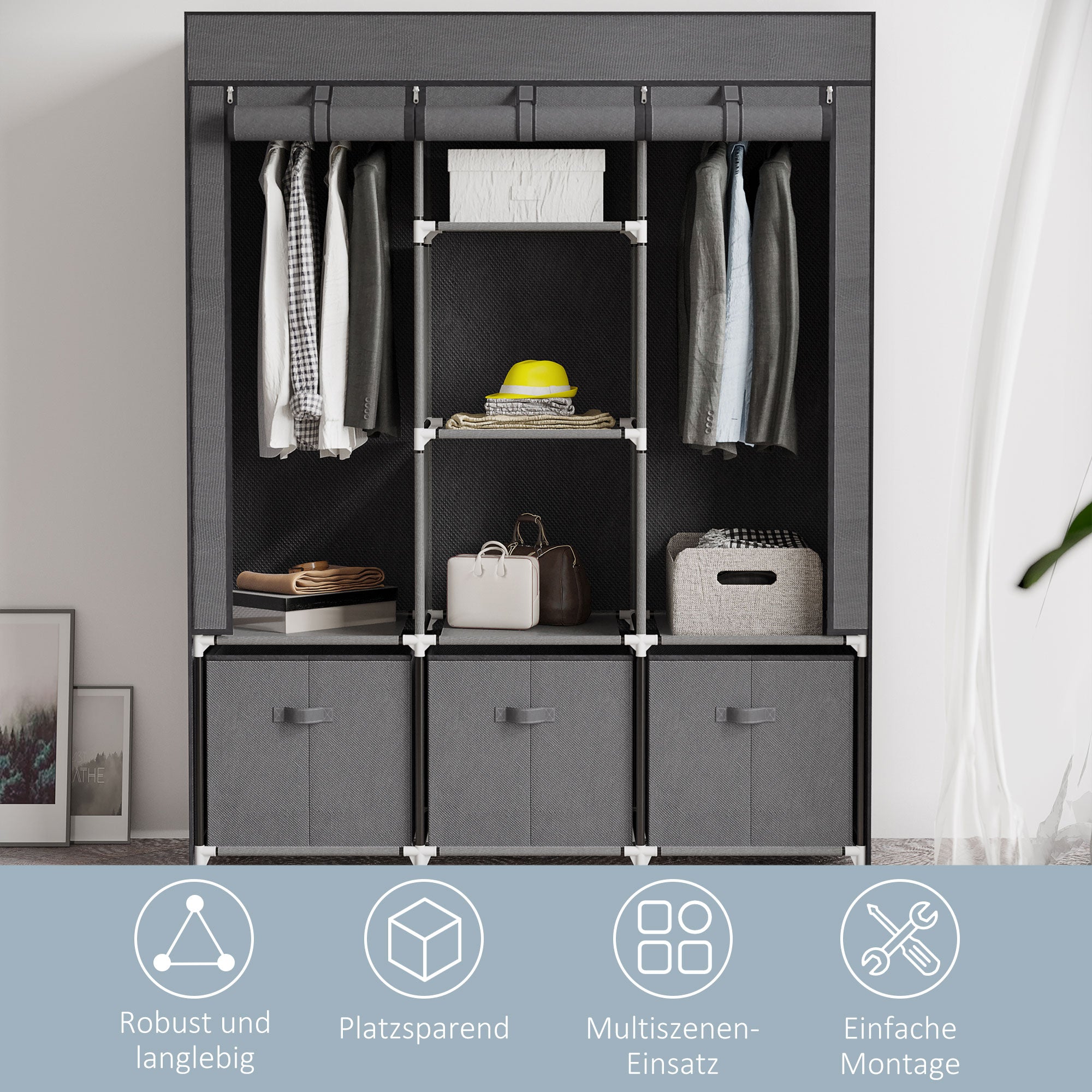 Fabric Wardrobe with Clothes Rail, Drawers, Zipper Foldable Wardrobe for Bedroom, Dressing Room, 125 x 43 x 162.5 cm, Dark Grey