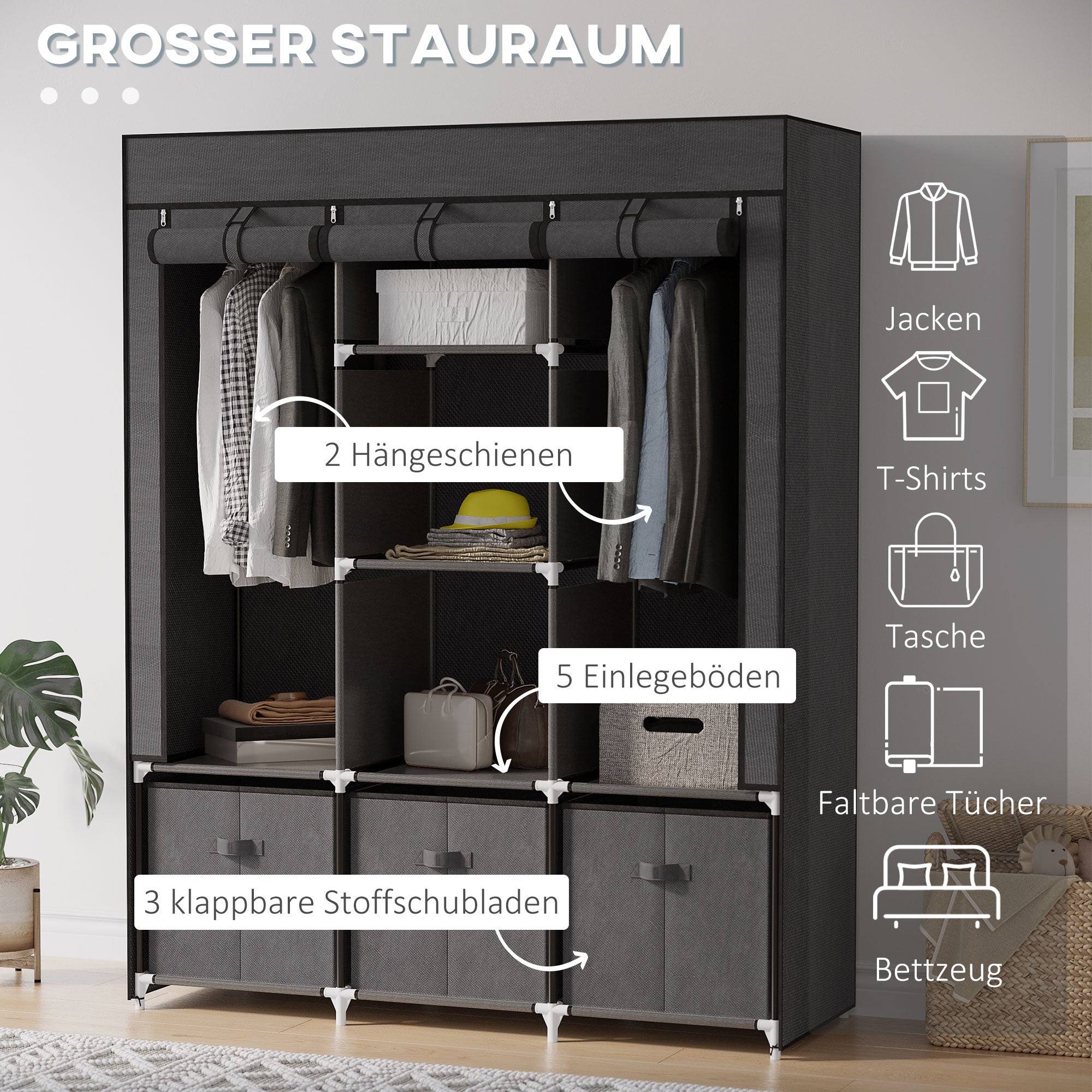 Fabric Wardrobe with Clothes Rail, Drawers, Zipper Foldable Wardrobe for Bedroom, Dressing Room, 125 x 43 x 162.5 cm, Dark Grey