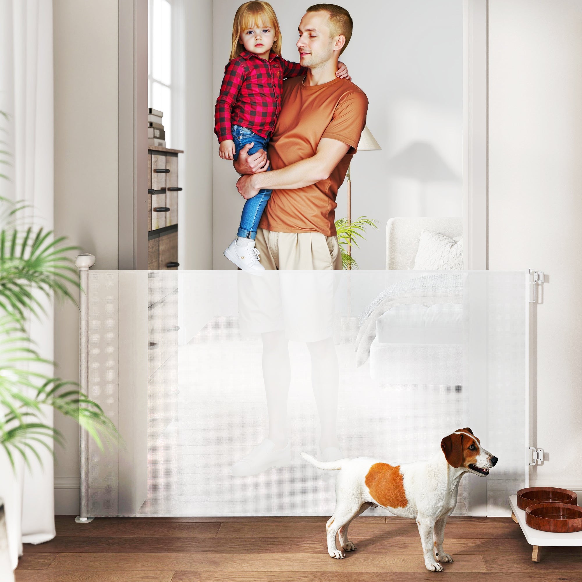 Retractable Dog Safety Barrier 0-140 cm Width, Stair and Door Barrier for Dogs and Cats with Lock, White