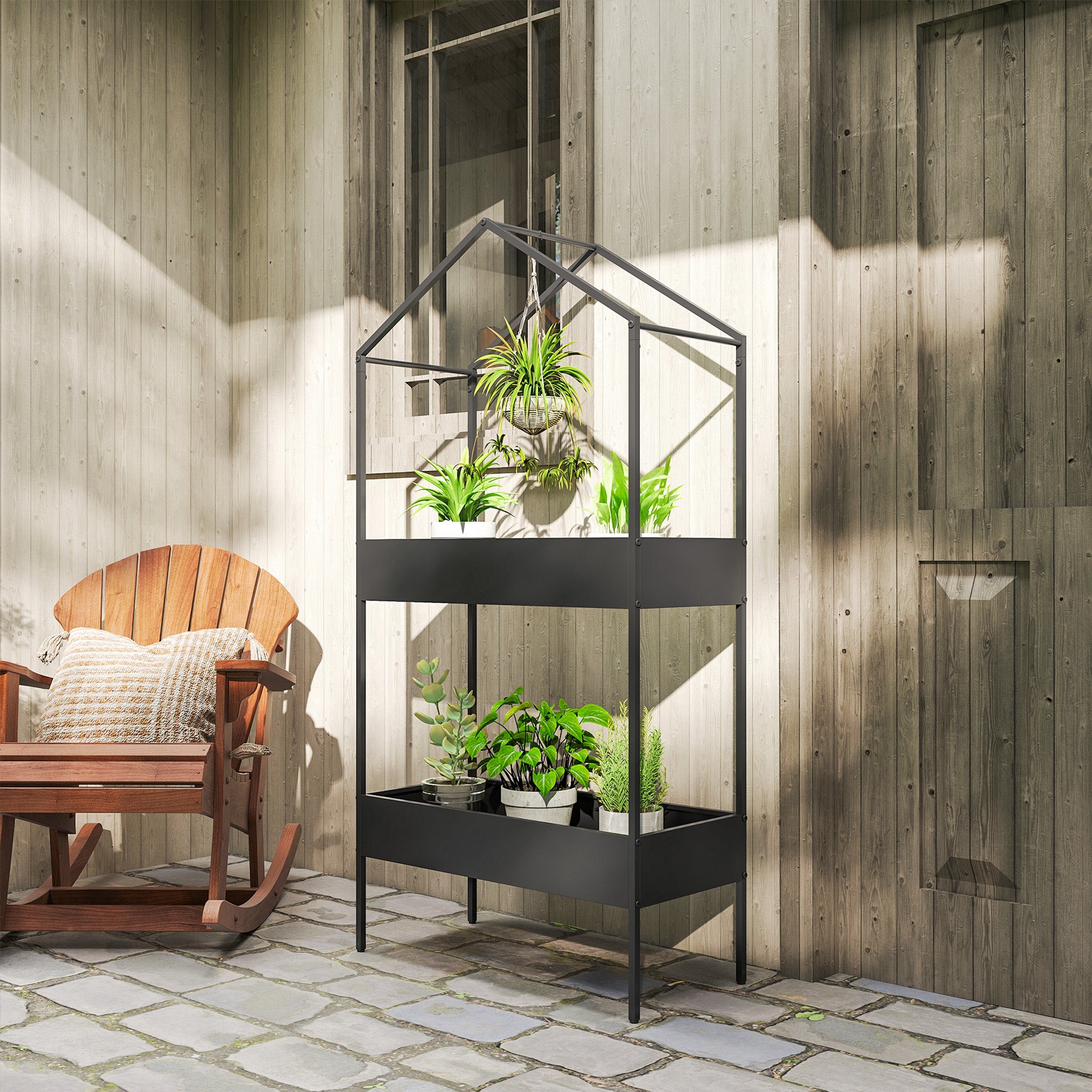 2-Tier House-Shaped Plant Stand with Hook, 150 cm (59 in) High, Metal Pot Shelves for Garden, Balcony & Home, Black