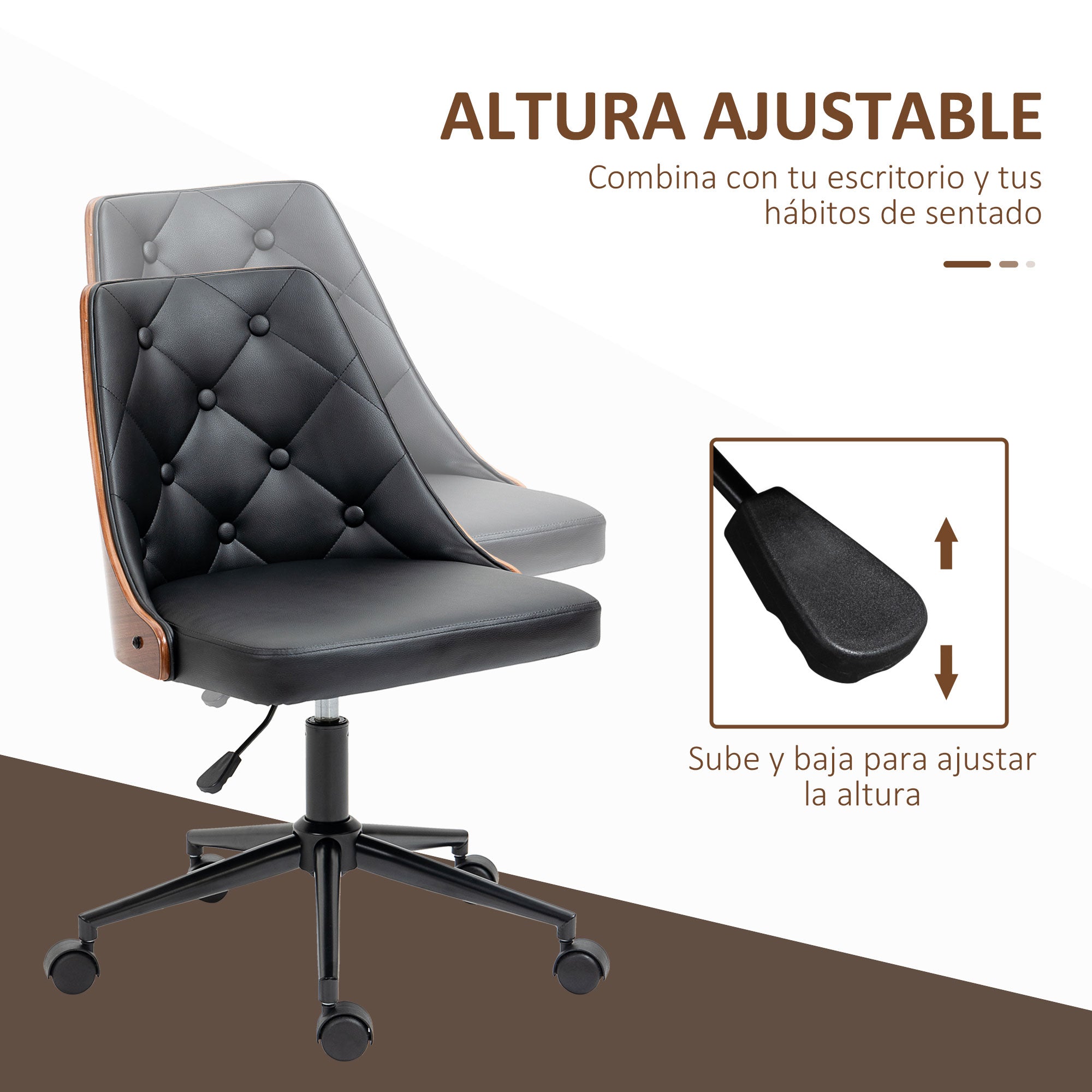 Swivel Office Chair Ergonomic Desk Chair Upholstered in PU Leather with Adjustable Height Rocking Function for Living Room Bedroom Office 53x62x87 cm Black