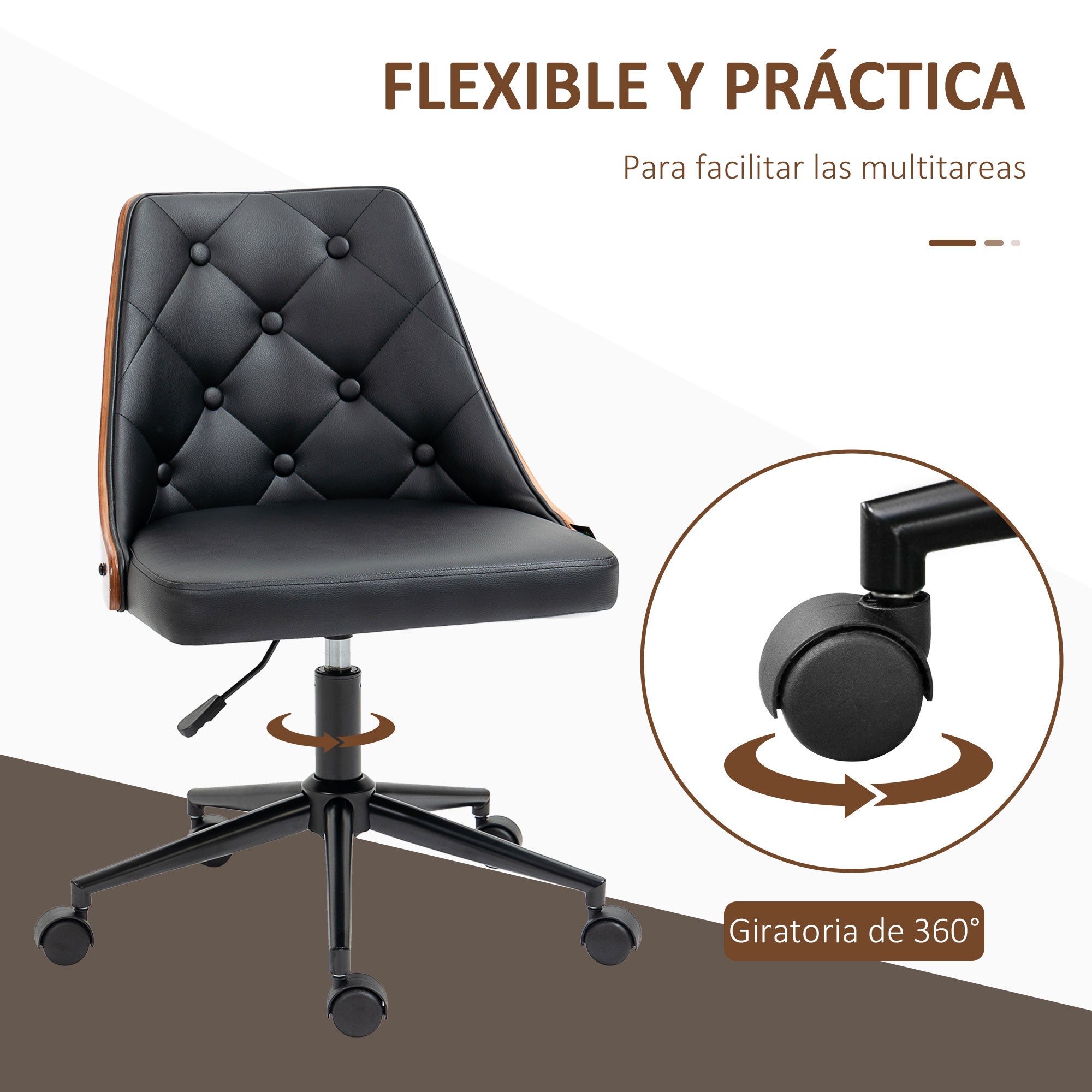 Swivel Office Chair Ergonomic Desk Chair Upholstered in PU Leather with Adjustable Height Rocking Function for Living Room Bedroom Office 53x62x87 cm Black