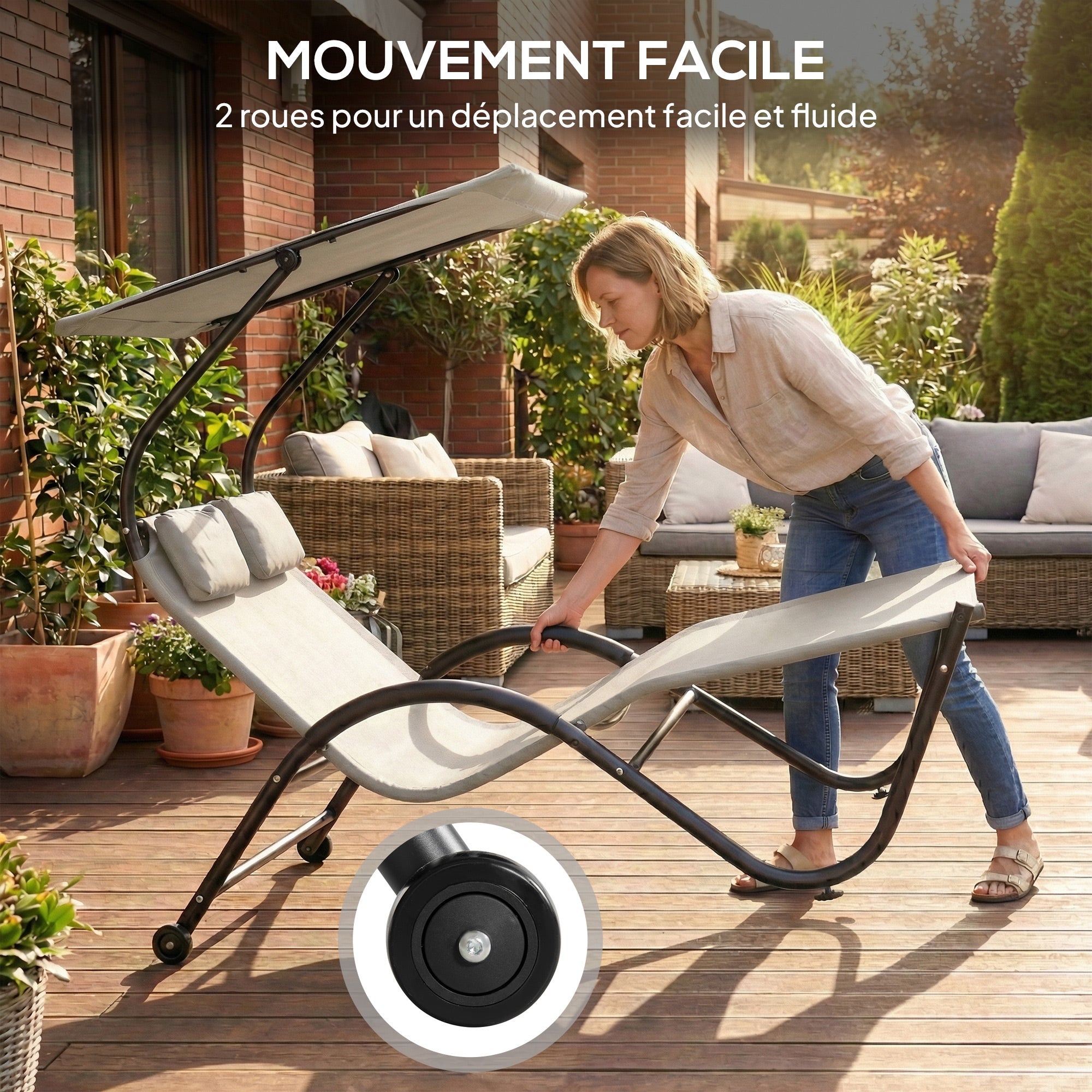 2-Person Sun Lounger with Adjustable Canopy, Headrests & Wheels — Steel/Polyester, Cream — 200 x 137 x 138 cm (78.7 x 53.9 x 54.3 in)