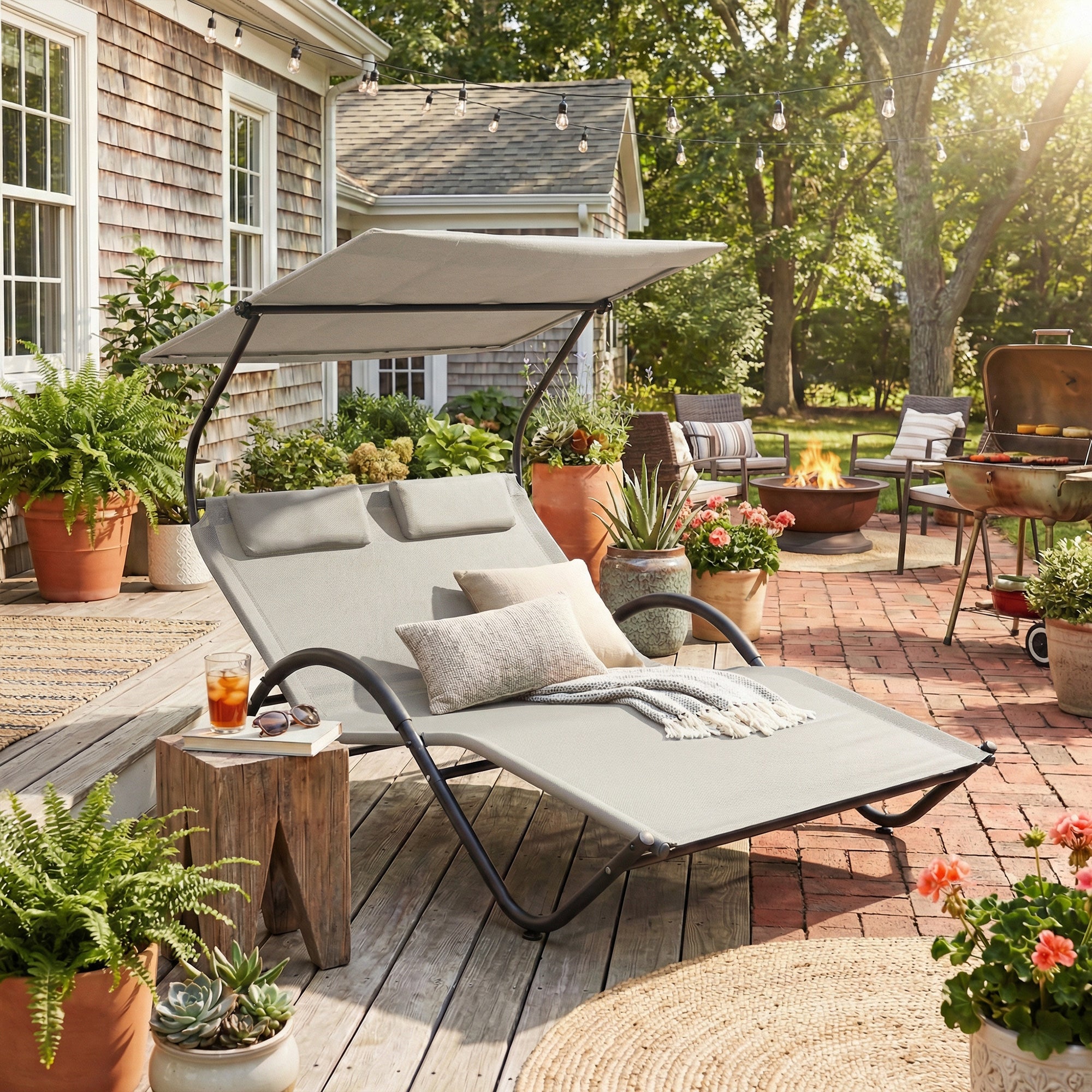 2-Person Sun Lounger with Adjustable Canopy, Headrests & Wheels — Steel/Polyester, Cream — 200 x 137 x 138 cm (78.7 x 53.9 x 54.3 in)