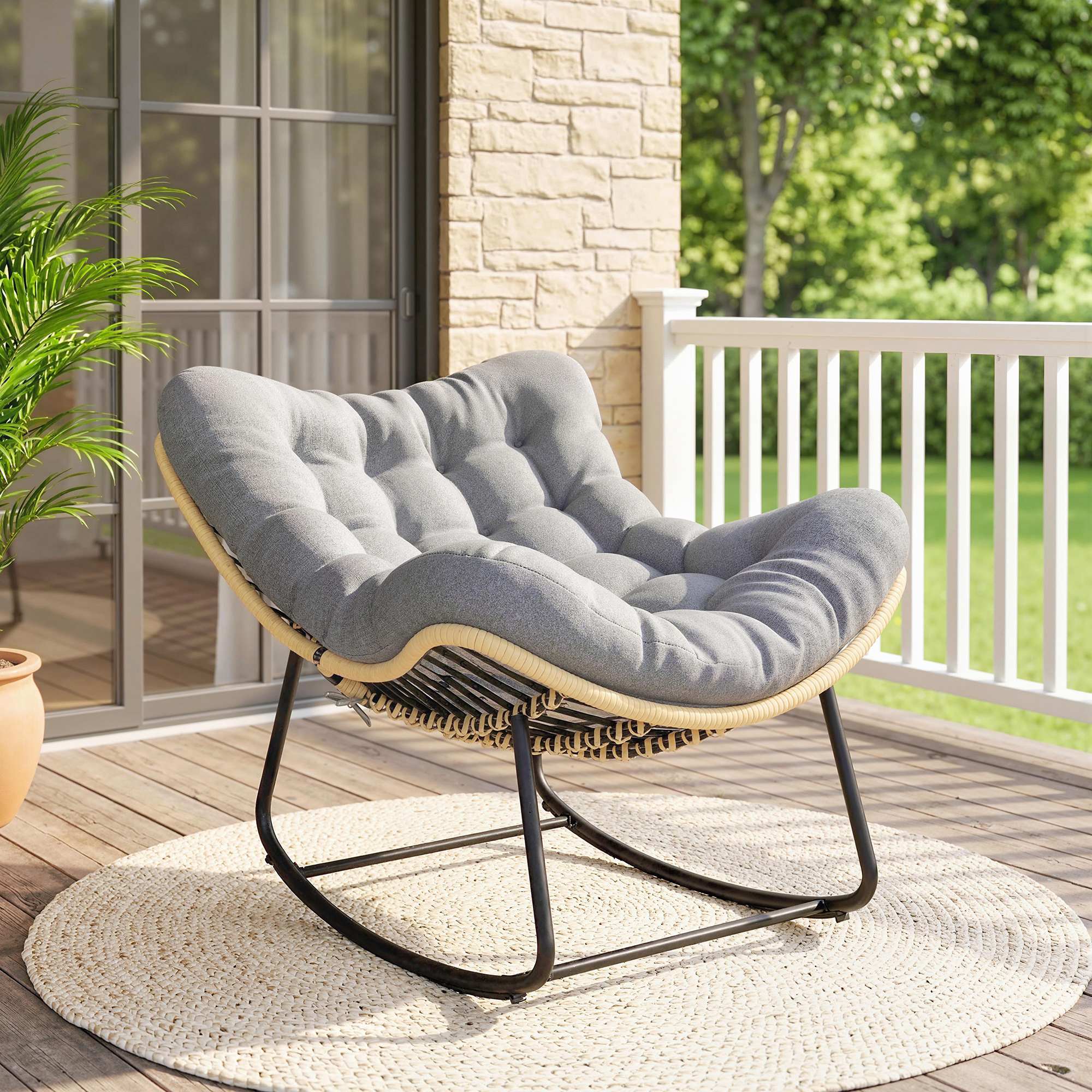 Rattan Rocking Chair with Thick Cushion, Indoor/Outdoor Patio Swing Chair, 265 lb Capacity, 34.3 x 43.3 x 27.6 in (87 x 110 x 70 cm) – Gray