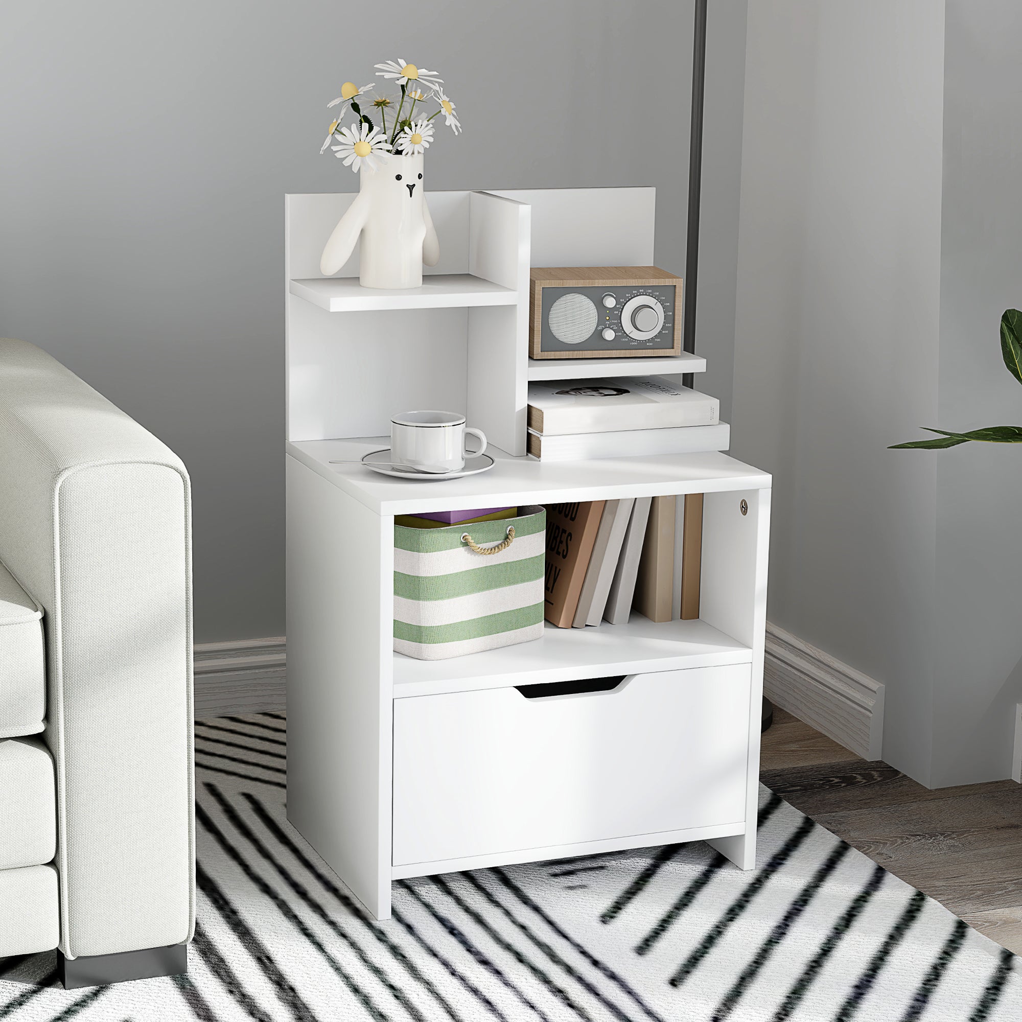 Bedside Table Nightstand with Drawer, Compartment, and Storage Shelves Wood Effect - 45 x 35 x 73 cm White