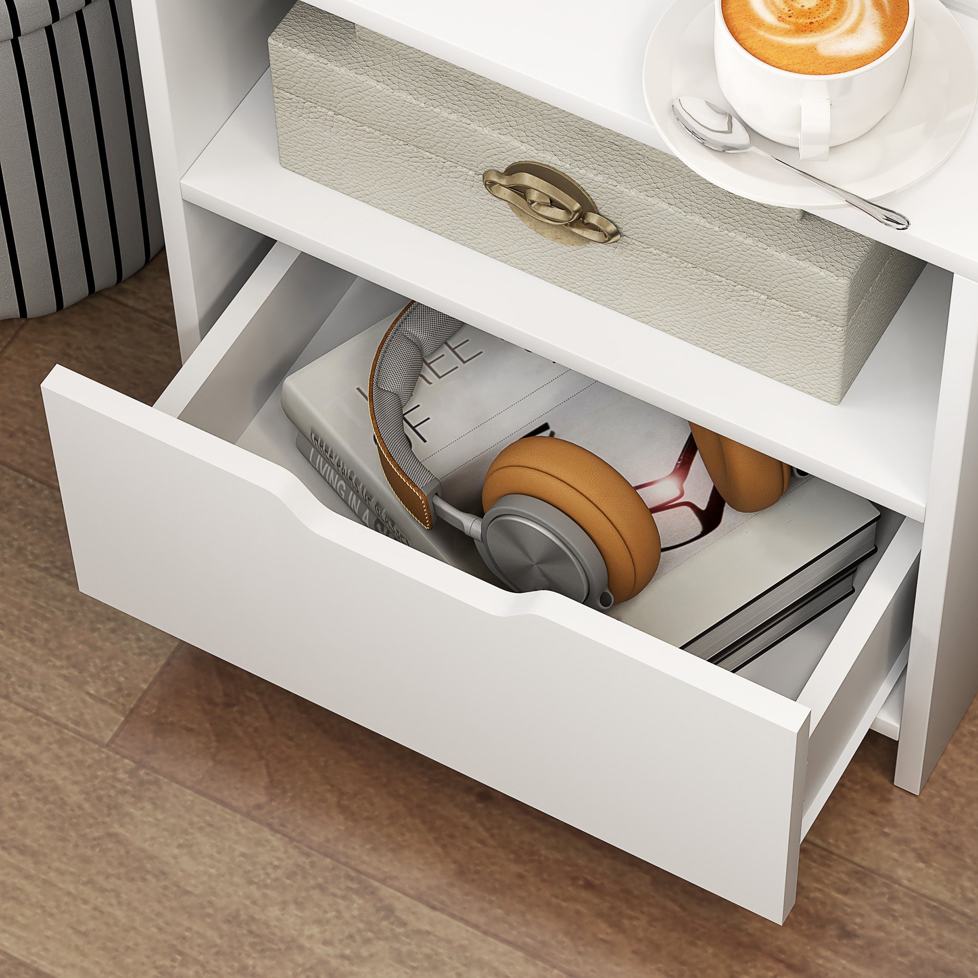 Bedside Table Nightstand with Drawer, Compartment, and Storage Shelves Wood Effect - 45 x 35 x 73 cm White