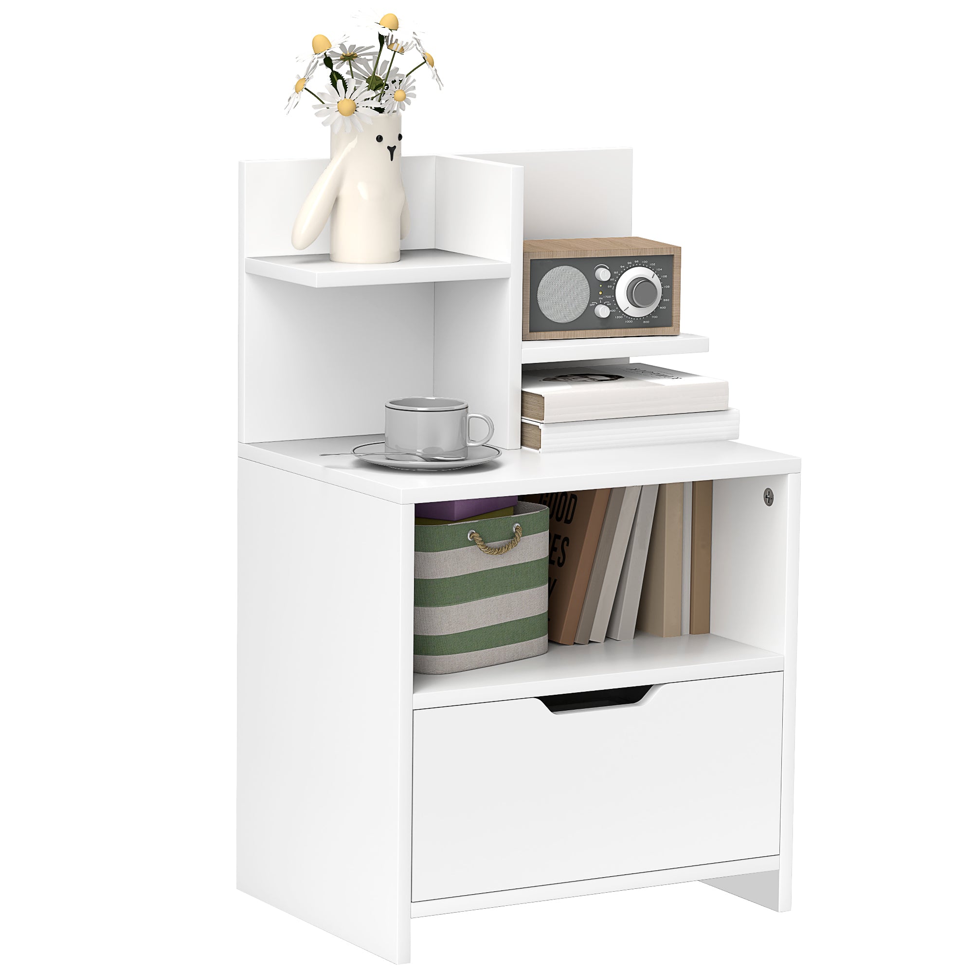 Bedside Table Nightstand with Drawer, Compartment, and Storage Shelves Wood Effect - 45 x 35 x 73 cm White