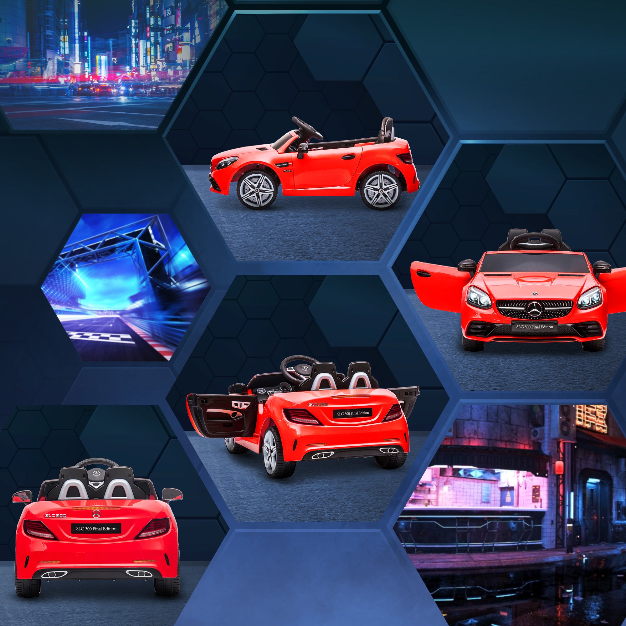 12V Kids Electric Car, Children's Vehicle with 2.4G Remote Control, Electric Vehicle with LED Headlights, Safety Belt, Horn, Music, Mercedes SLC 300 Children's Car for Children from 3 Years, Red