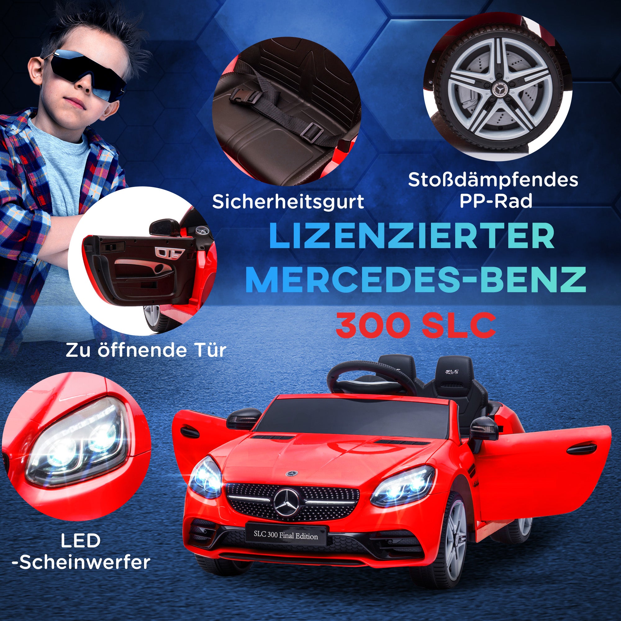 12V Kids Electric Car, Children's Vehicle with 2.4G Remote Control, Electric Vehicle with LED Headlights, Safety Belt, Horn, Music, Mercedes SLC 300 Children's Car for Children from 3 Years, Red