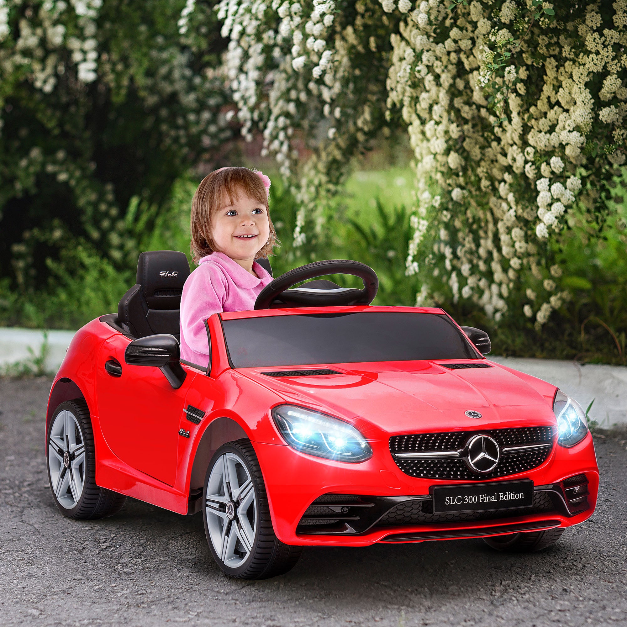 12V Kids Electric Car, Children's Vehicle with 2.4G Remote Control, Electric Vehicle with LED Headlights, Safety Belt, Horn, Music, Mercedes SLC 300 Children's Car for Children from 3 Years, Red