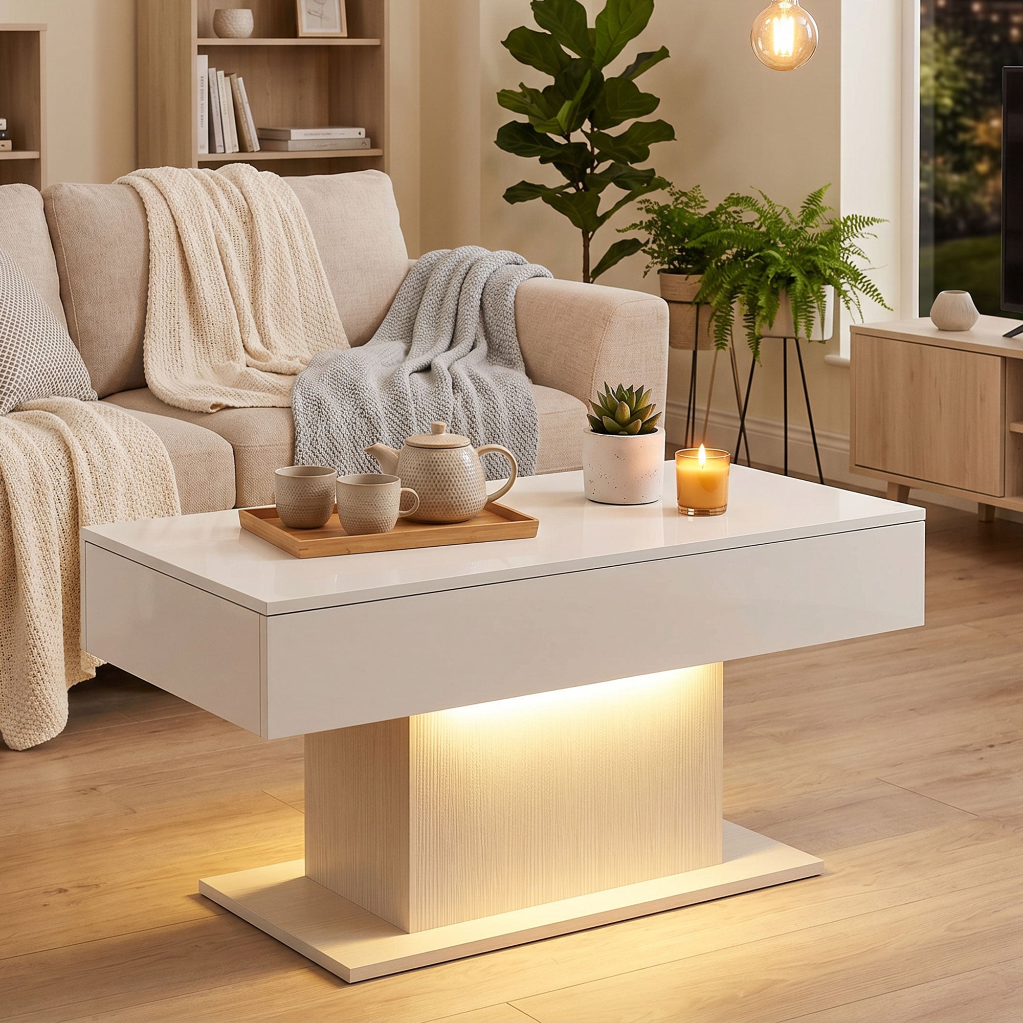High-Gloss Coffee Table with LED Lighting, Modern Side Table with 2 Drawers, Remote-Controlled, 108 x 48 x 55 cm (42.5 x 18.9 x 21.7 in) – White
