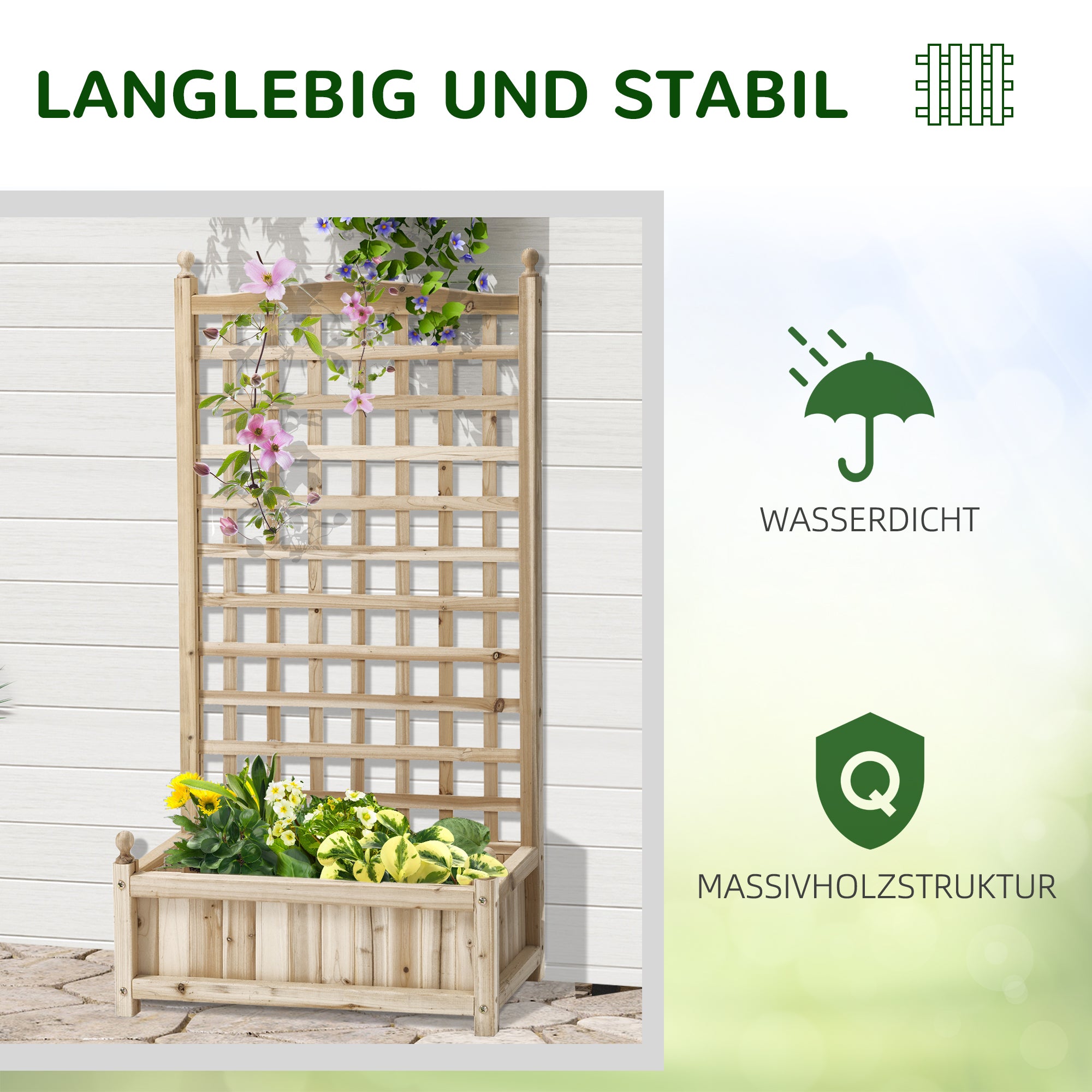 Raised Garden Bed Planter Box with Trellis Flower Box Trellis Arch with Trellis Support for Climbing Plants Garden Wood Natural 64 x 28 x 120 cm