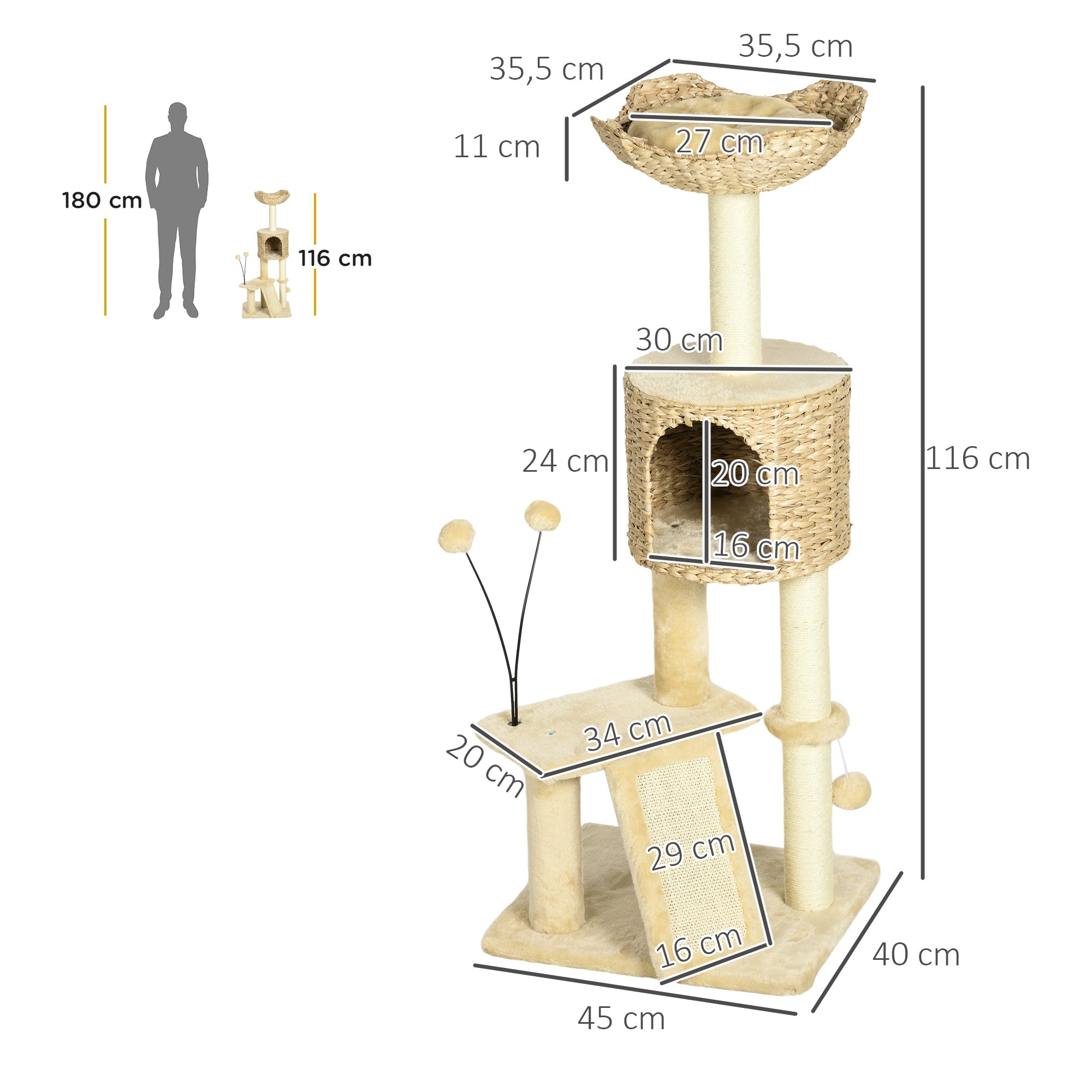 Cat Scratching Post 116 cm Cat Tree with Cat Cave, Cat Bed, Indoor Climbing Tower with Play Ball, Scratching Board, Plush Scratching Furniture for Cats up to 5 kg, Beige
