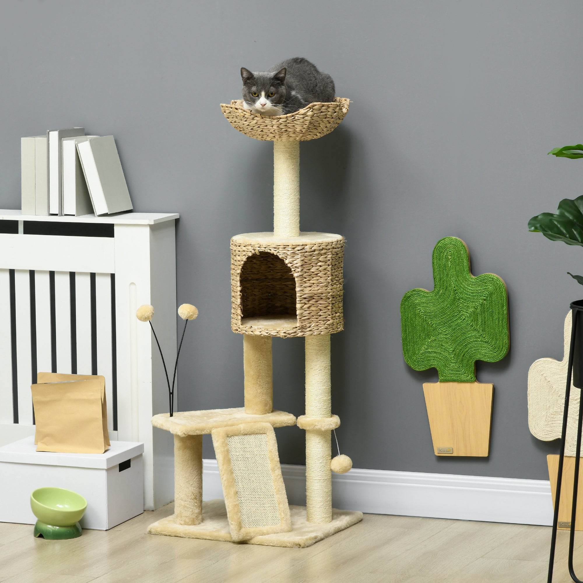 Cat Scratching Post 116 cm Cat Tree with Cat Cave, Cat Bed, Indoor Climbing Tower with Play Ball, Scratching Board, Plush Scratching Furniture for Cats up to 5 kg, Beige