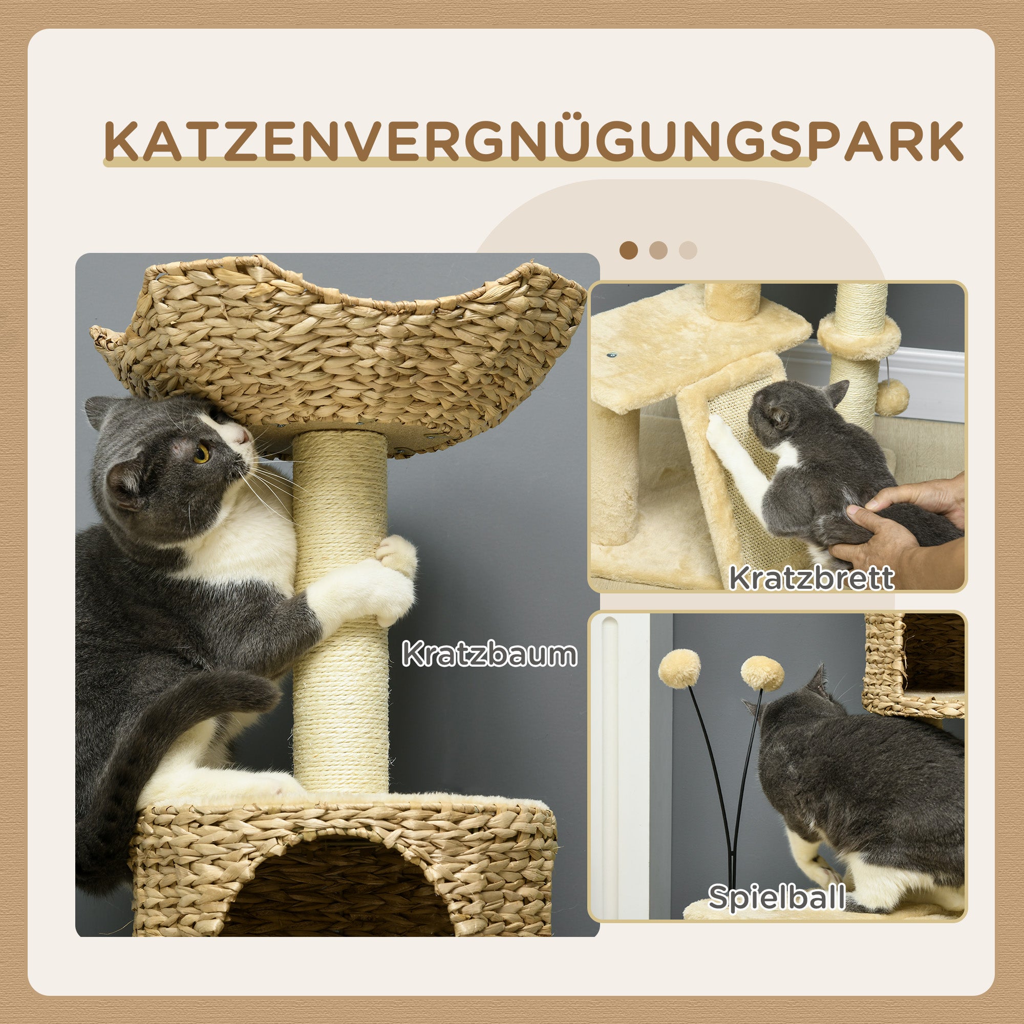 Cat Scratching Post 116 cm Cat Tree with Cat Cave, Cat Bed, Indoor Climbing Tower with Play Ball, Scratching Board, Plush Scratching Furniture for Cats up to 5 kg, Beige