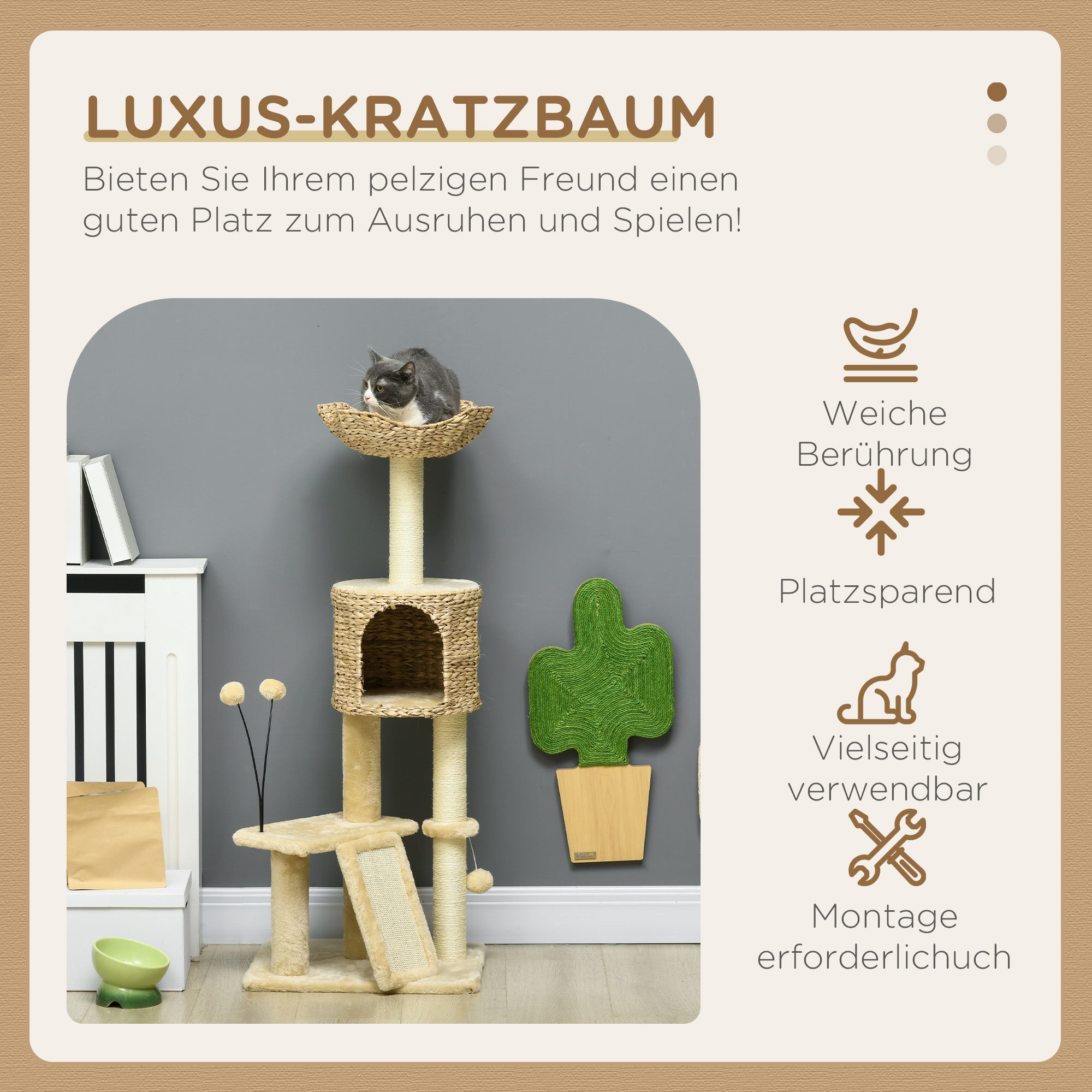 Cat Scratching Post 116 cm Cat Tree with Cat Cave, Cat Bed, Indoor Climbing Tower with Play Ball, Scratching Board, Plush Scratching Furniture for Cats up to 5 kg, Beige