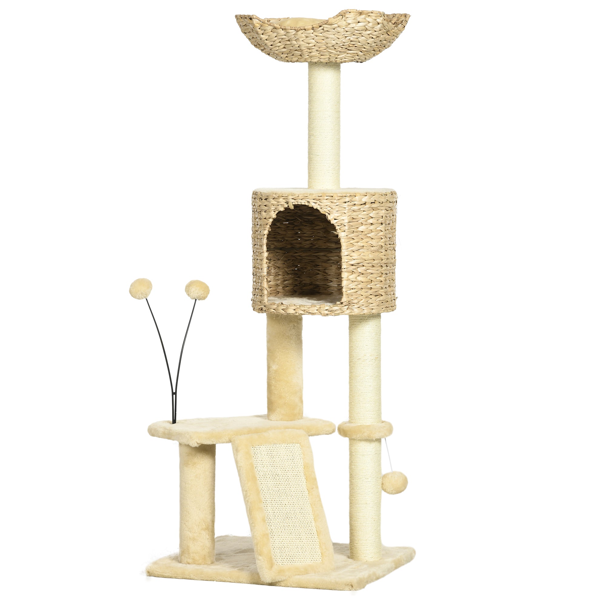 Cat Scratching Post 116 cm Cat Tree with Cat Cave, Cat Bed, Indoor Climbing Tower with Play Ball, Scratching Board, Plush Scratching Furniture for Cats up to 5 kg, Beige