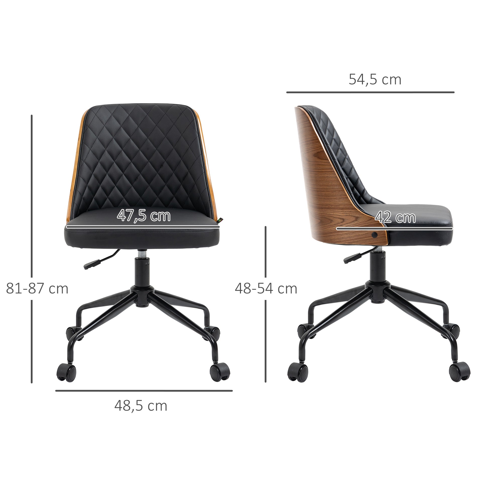 Office Chair Desk Chair Swivel Chair Home-Office Chair Adjustable Height Ergonomic 360° Swivel Wheels Foam PU Black 48.5 x 54.5 x 81-87 cm