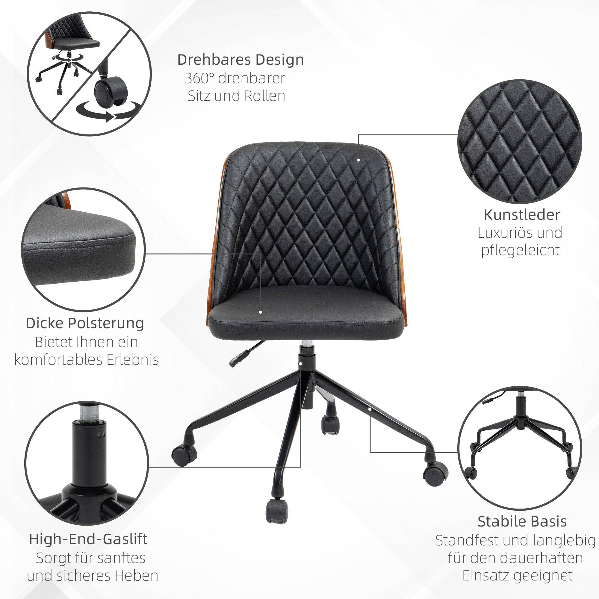 Office Chair Desk Chair Swivel Chair Home-Office Chair Adjustable Height Ergonomic 360° Swivel Wheels Foam PU Black 48.5 x 54.5 x 81-87 cm