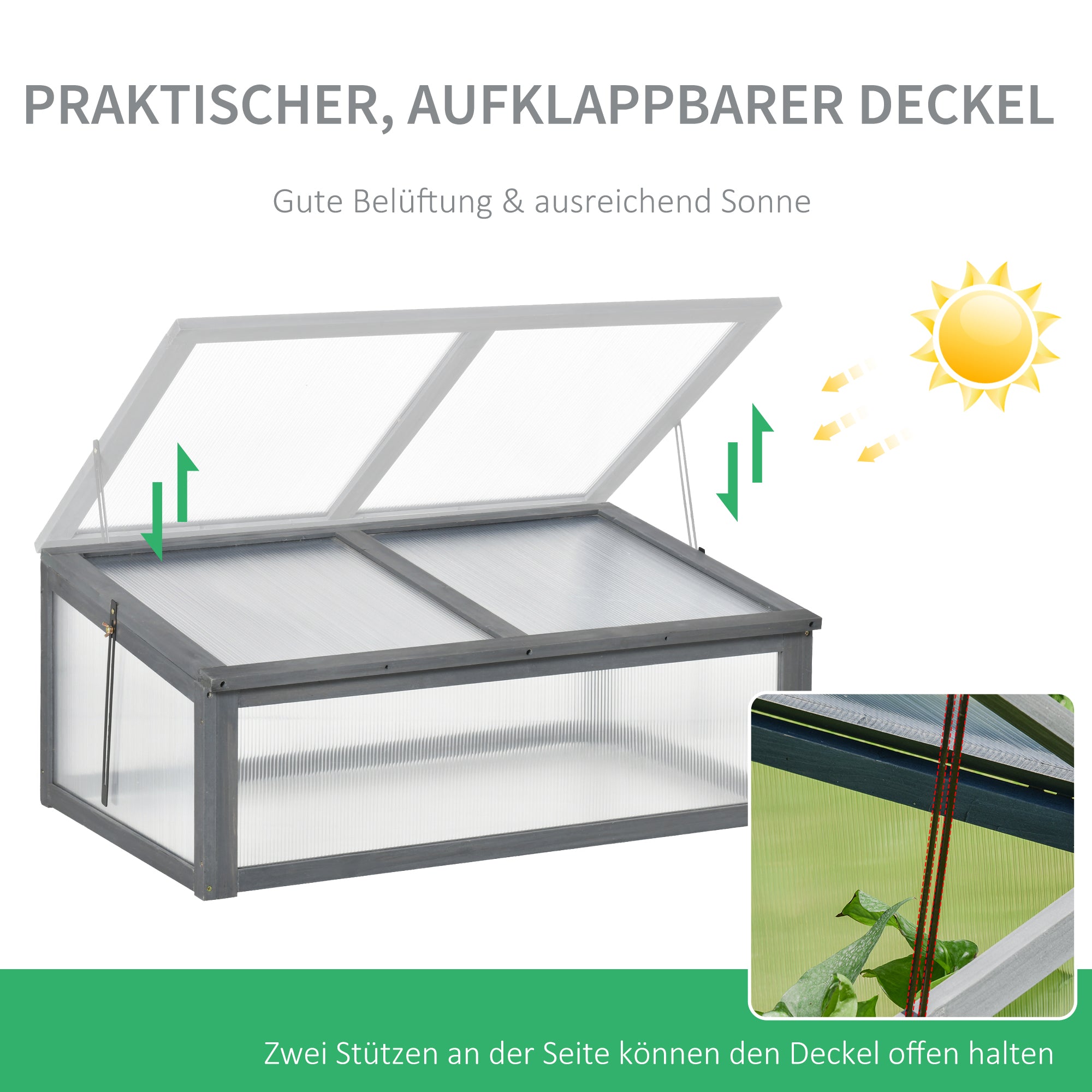 Cold Frame Wood, Mini Greenhouse 100 x 65 x 40 cm, Greenhouse with Cover, UV Protection, Light-Transmitting Cold Frame Box, Winterproof Raised Bed for Garden, Gray