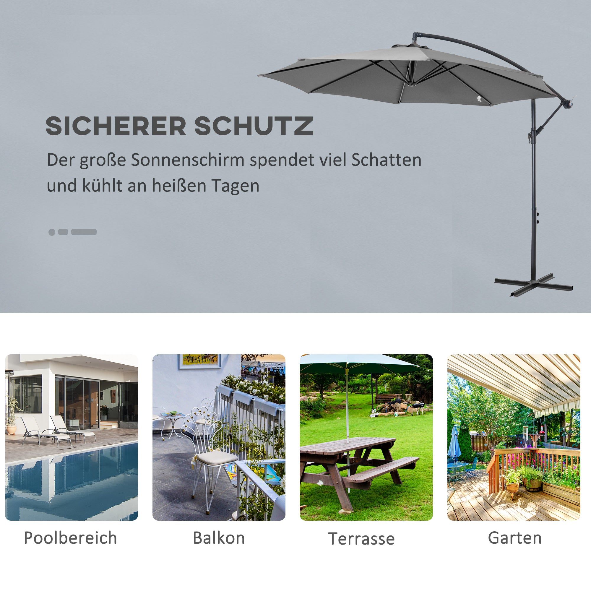 Cantilever Umbrella Ø300 cm Tiltable Sunshade with UV Protection Crank Umbrella with Stand, Crank Device, Market Umbrella Garden Umbrella Sun Protection for Balcony Garden Terrace Gray