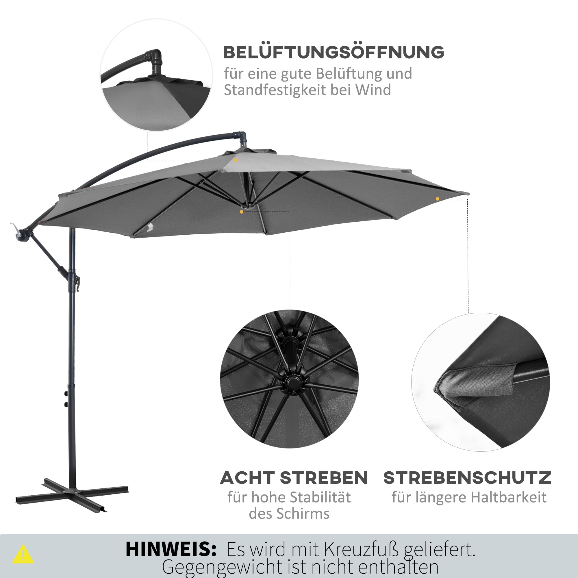 Cantilever Umbrella Ø300 cm Tiltable Sunshade with UV Protection Crank Umbrella with Stand, Crank Device, Market Umbrella Garden Umbrella Sun Protection for Balcony Garden Terrace Gray