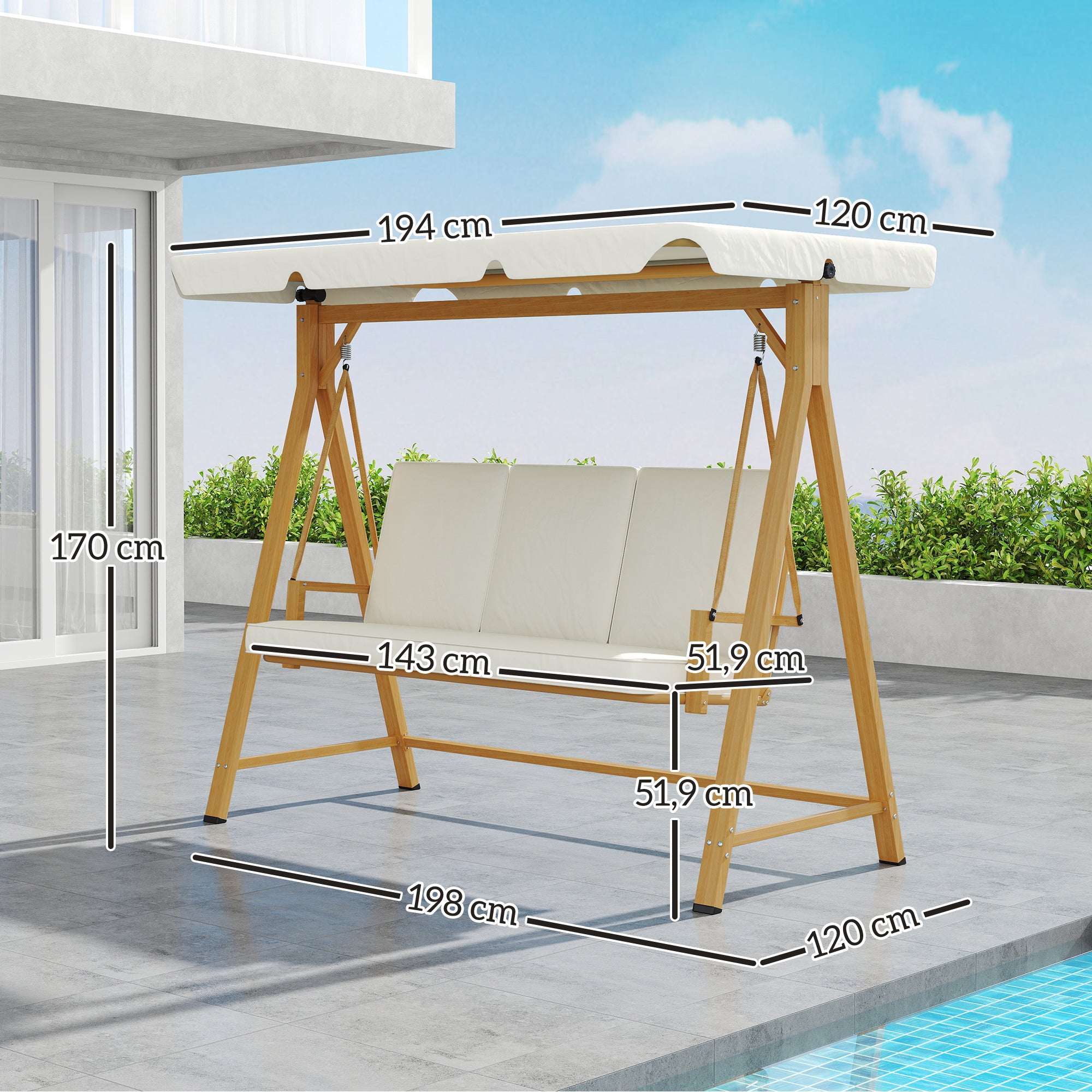 Hollywood Swing with Adjustable Sunshade Seat Cushion, Wood Finish 3-Seater Garden Swing Load Capacity 330kg, Swing Bench for Garden, Terrace 198 x 120 x 170cm, Beige
