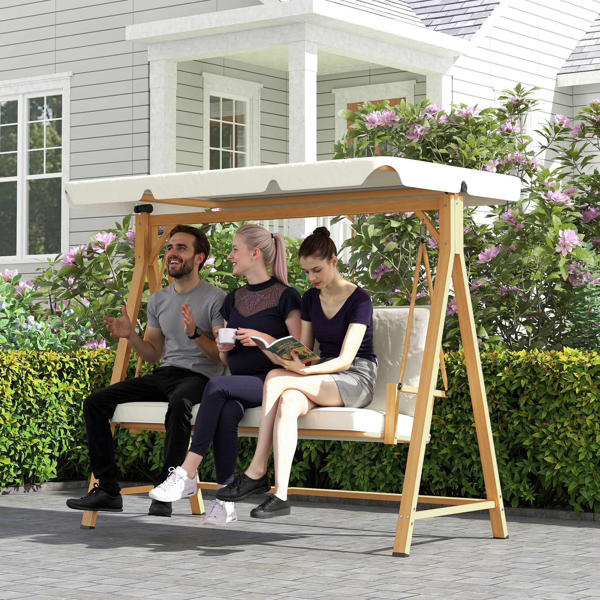 Hollywood Swing with Adjustable Sunshade Seat Cushion, Wood Finish 3-Seater Garden Swing Load Capacity 330kg, Swing Bench for Garden, Terrace 198 x 120 x 170cm, Beige