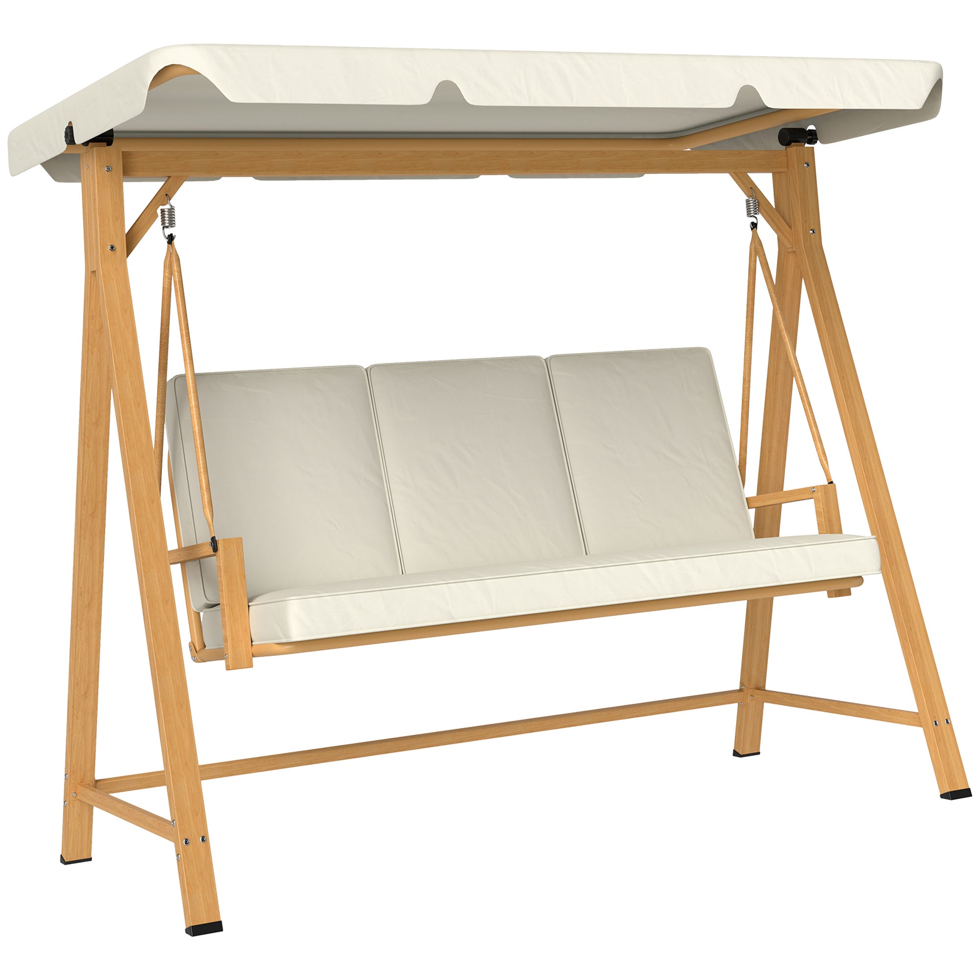 Hollywood Swing with Adjustable Sunshade Seat Cushion, Wood Finish 3-Seater Garden Swing Load Capacity 330kg, Swing Bench for Garden, Terrace 198 x 120 x 170cm, Beige