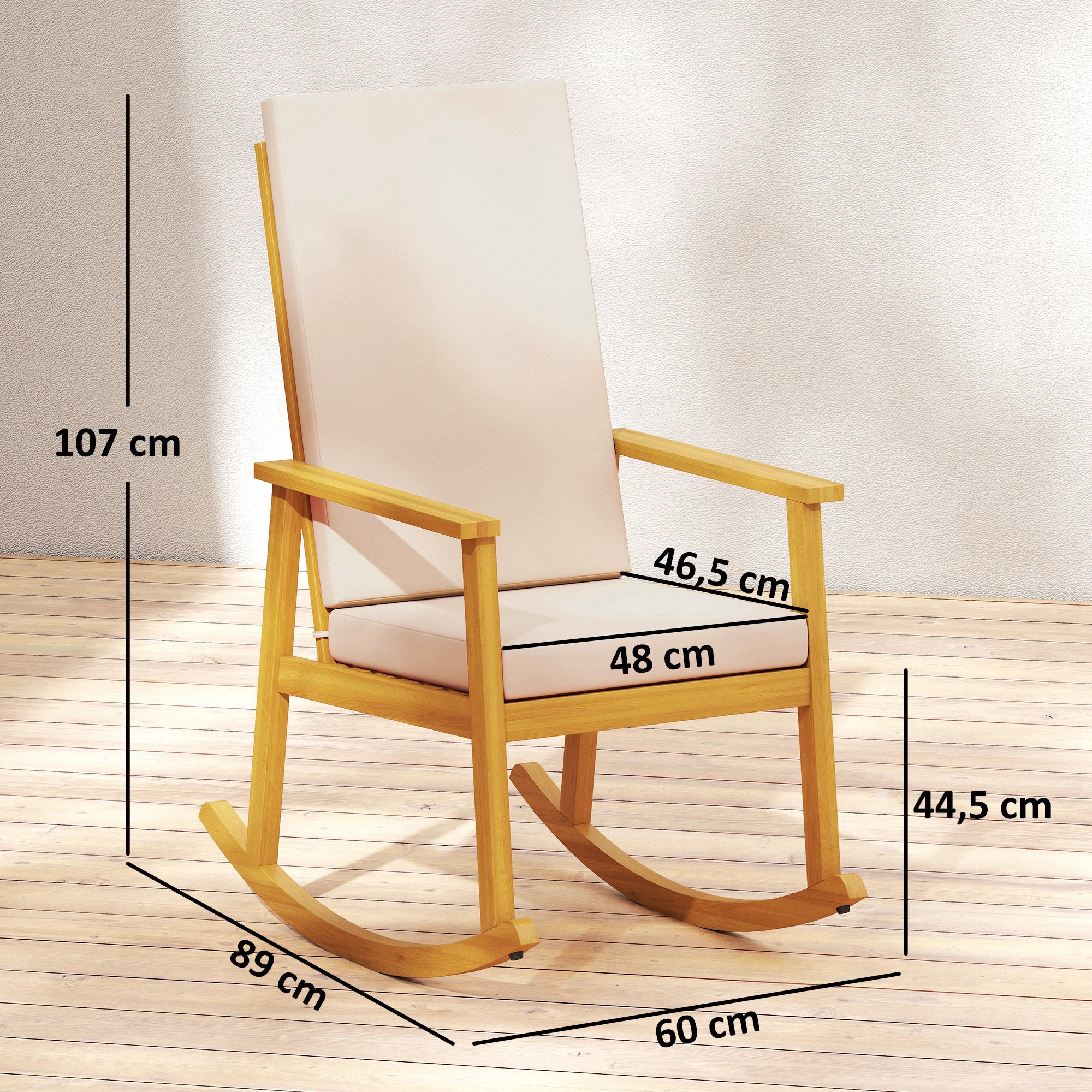 Acacia Wood Rocking Chair with High Back and Cushions — Outdoor Relax Chair for Garden, Balcony & Patio, Supports up to 353 lb, Beige (23.6 x 35.0 x 42.1 in / 60 x 89 x 107 cm)