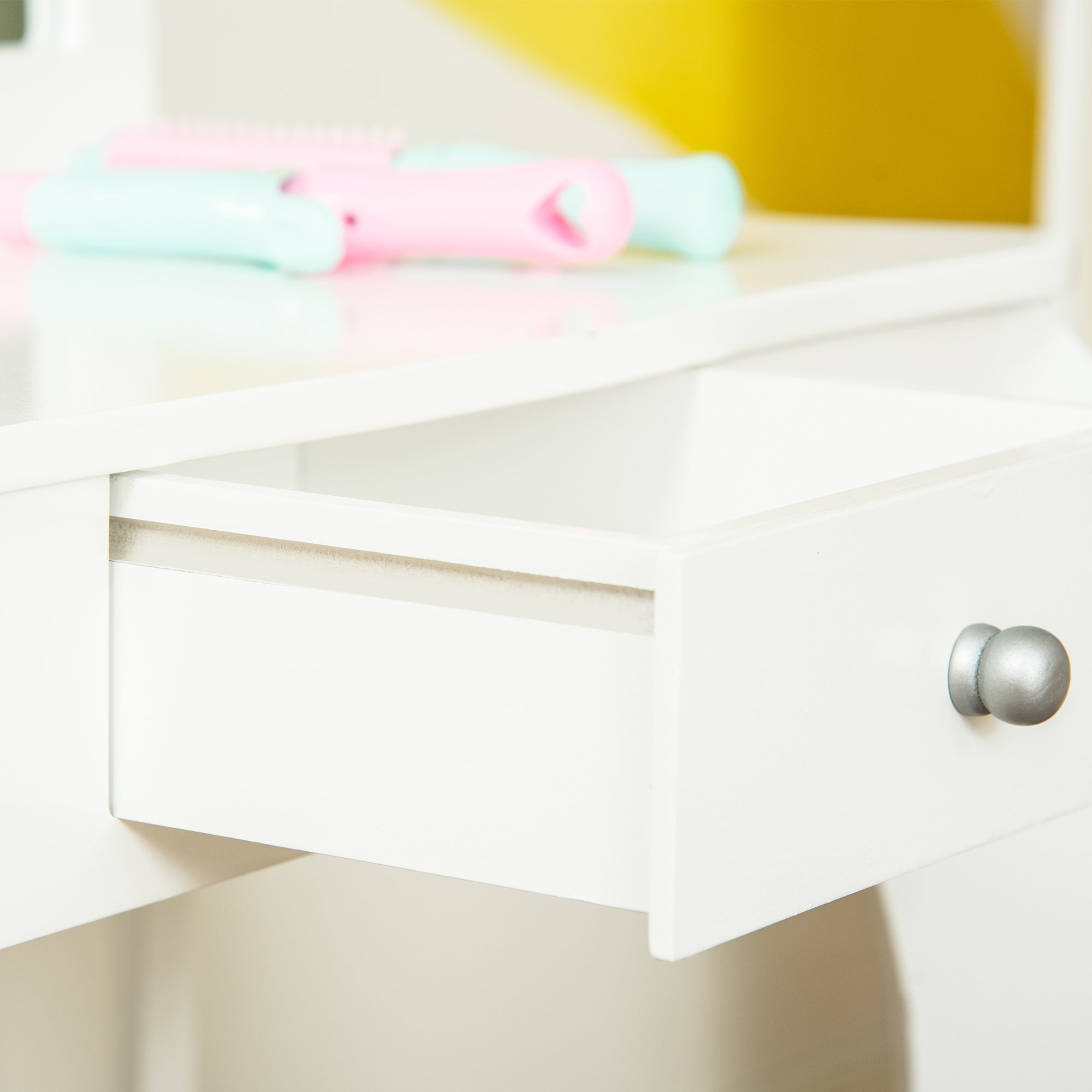 Children's Dressing Table with Stool, Triptych Mirror, and Sliding Drawer - Dressing Table dim. 63L x 40W x 85.5H cm - White Acrylic