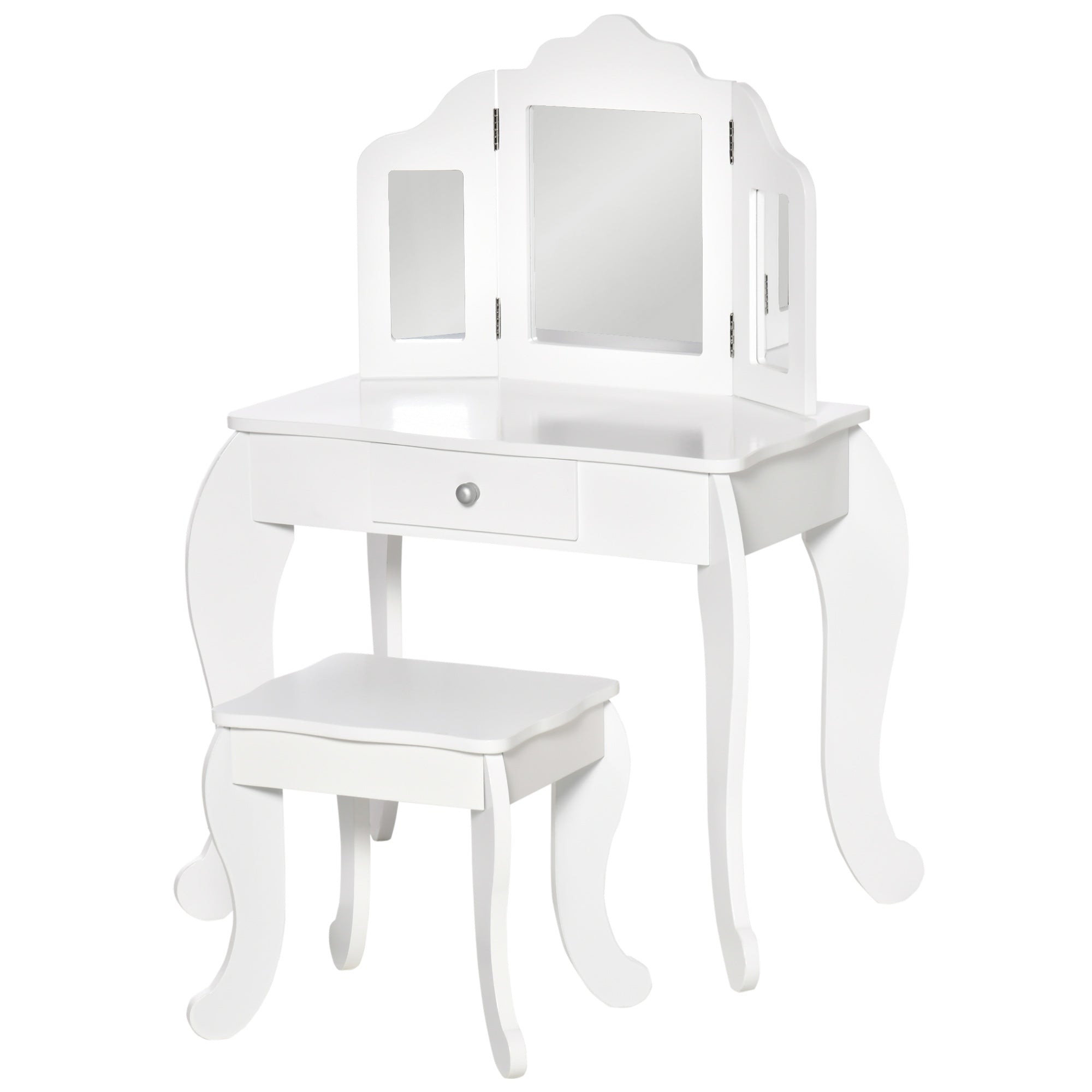 Children's Dressing Table with Stool, Triptych Mirror, and Sliding Drawer - Dressing Table dim. 63L x 40W x 85.5H cm - White Acrylic