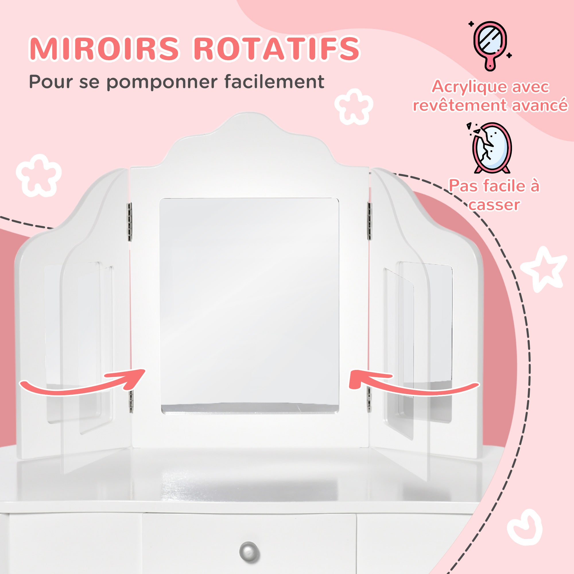 Children's Dressing Table with Stool, Triptych Mirror, and Sliding Drawer - Dressing Table dim. 63L x 40W x 85.5H cm - White Acrylic