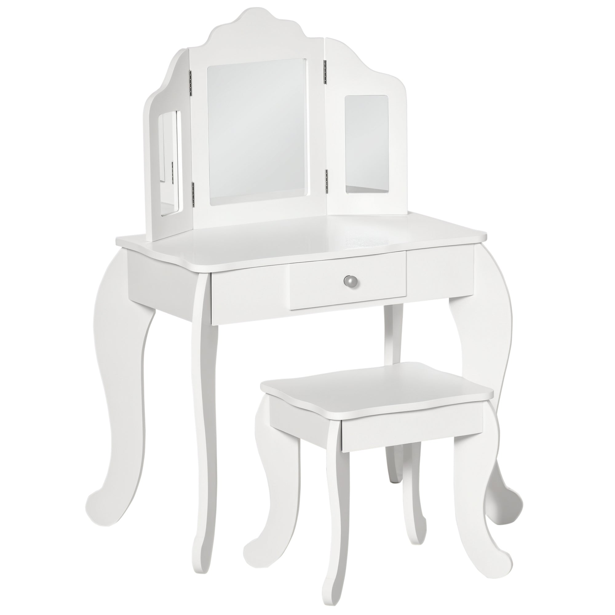 Children's Dressing Table with Stool, Triptych Mirror, and Sliding Drawer - Dressing Table dim. 63L x 40W x 85.5H cm - White Acrylic