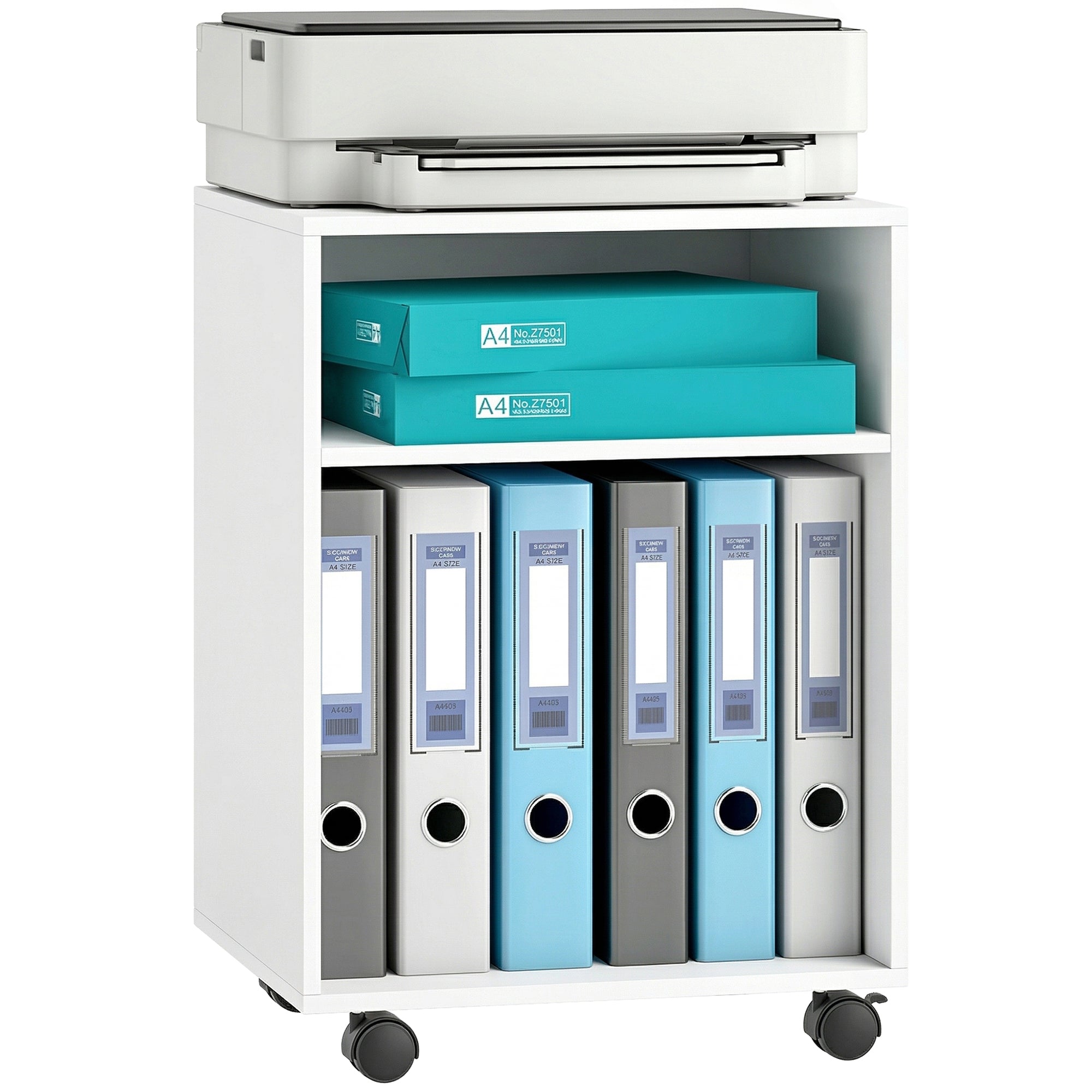 Printer Stand with 2 Open Shelves & Locking Wheels — Desk Organizer for Printer, Fax, Scanner — 15.7 x 13.8 x 22.0 in, White